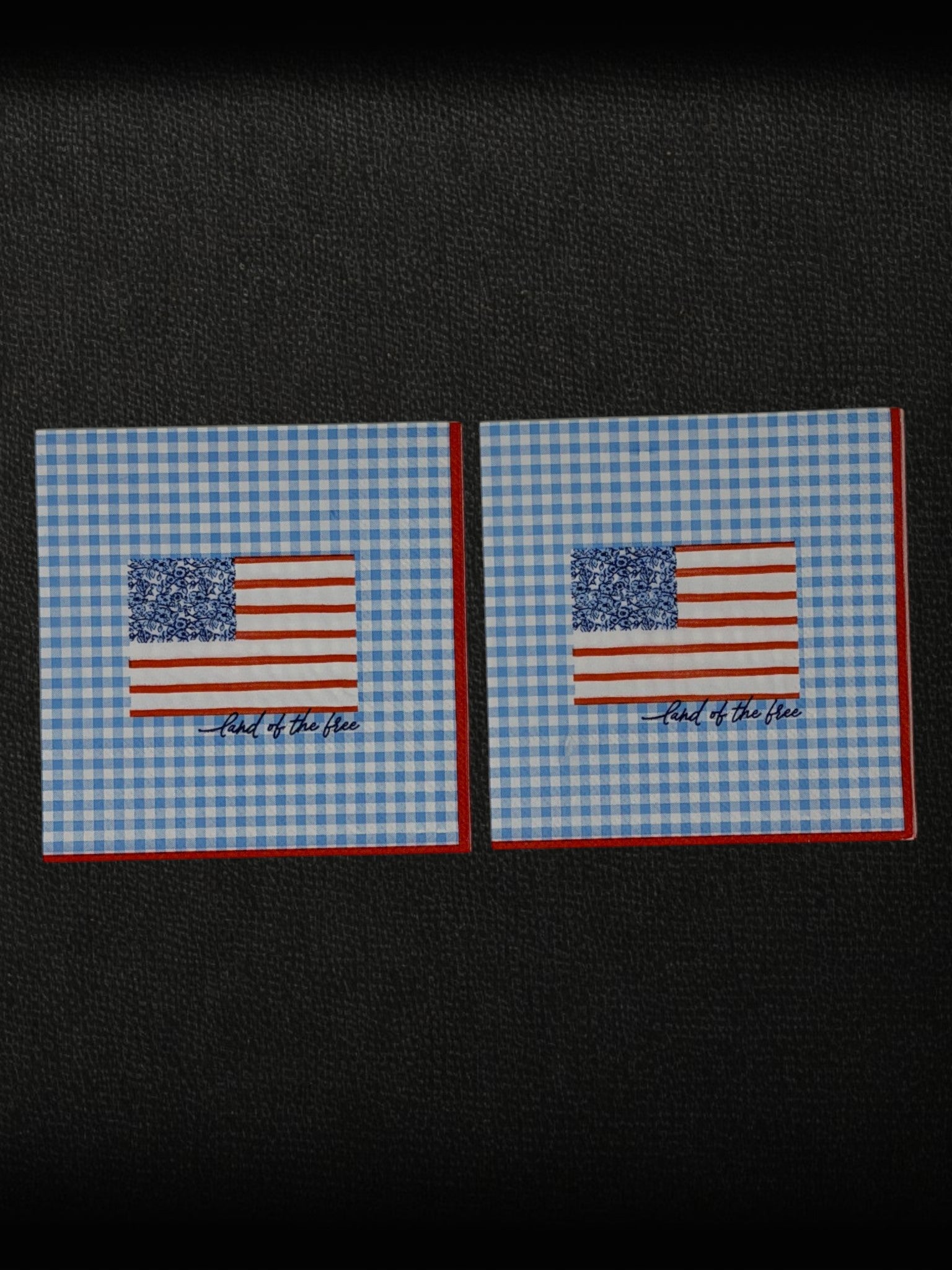 Cocktail size decoupage paper napkin featuring a stylized American flag with a blue floral botanical canton and red stripes above Land of the free cursive script on a fresh sky blue gingham background with a red border set of 2