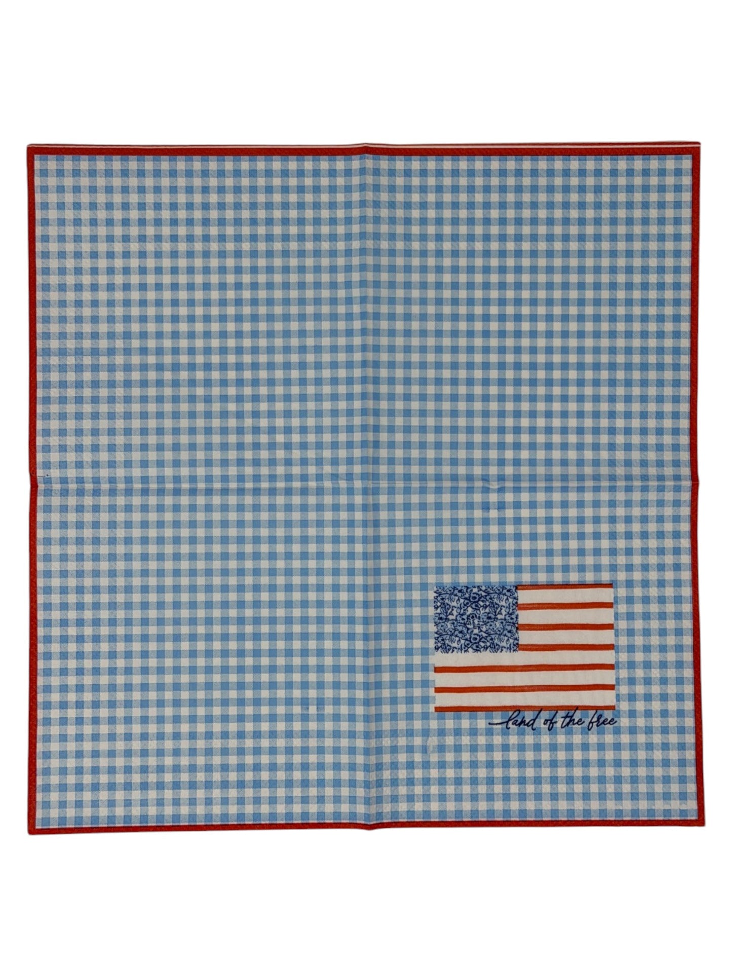 Cocktail size decoupage paper napkin featuring a stylized American flag with a blue floral botanical canton and red stripes above Land of the free cursive script on a fresh sky blue gingham background with a red border set of 2