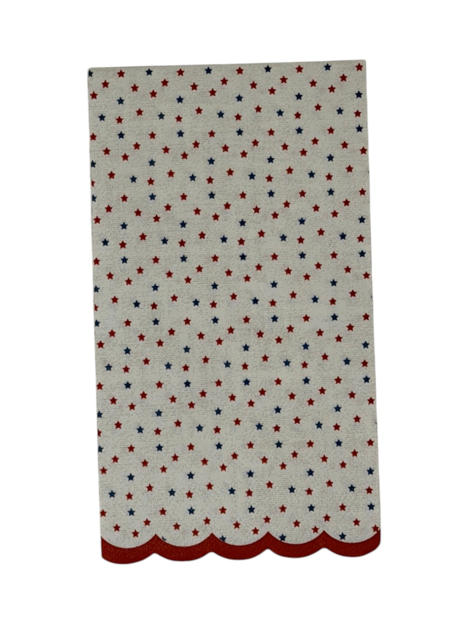 
Guest-size decoupage paper napkin featuring a delicate all-over tossed pattern of tiny red and navy blue stars on a soft warm white background with a charming red scalloped edge border, photographed on a white surface.