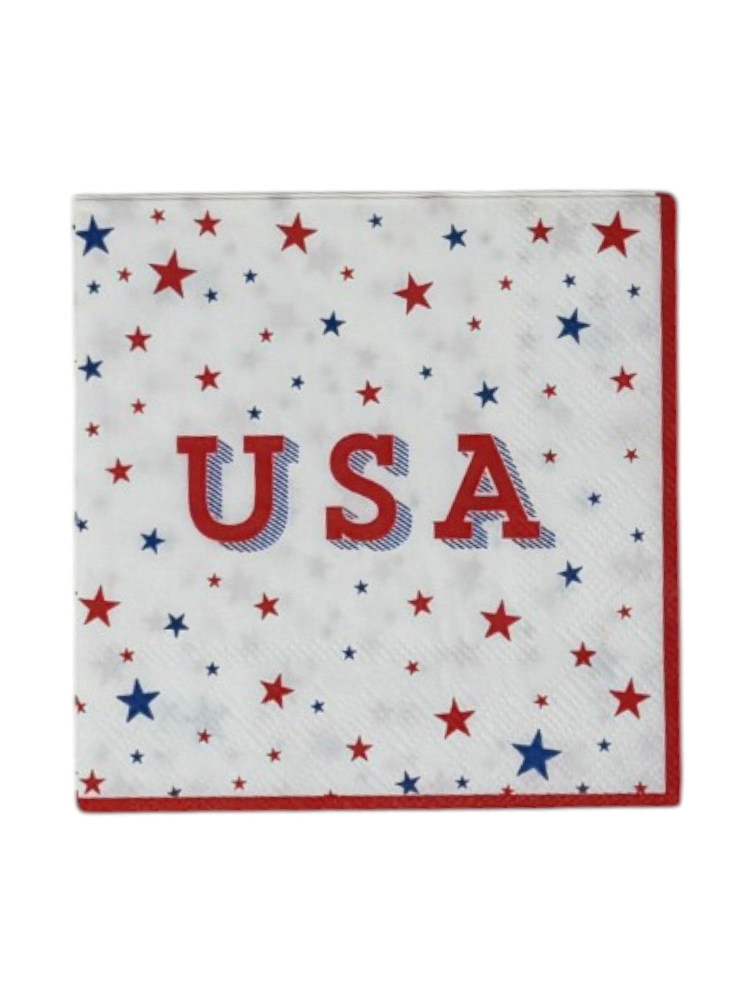 
Cocktail size decoupage paper napkin featuring scattered red and blue stars of varying sizes across a bright white background with bold USA typography in red and blue shadow and a crisp red border set of 2