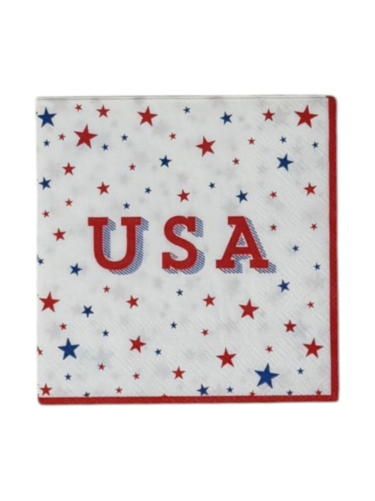
Cocktail size decoupage paper napkin featuring scattered red and blue stars of varying sizes across a bright white background with bold USA typography in red and blue shadow and a crisp red border set of 2