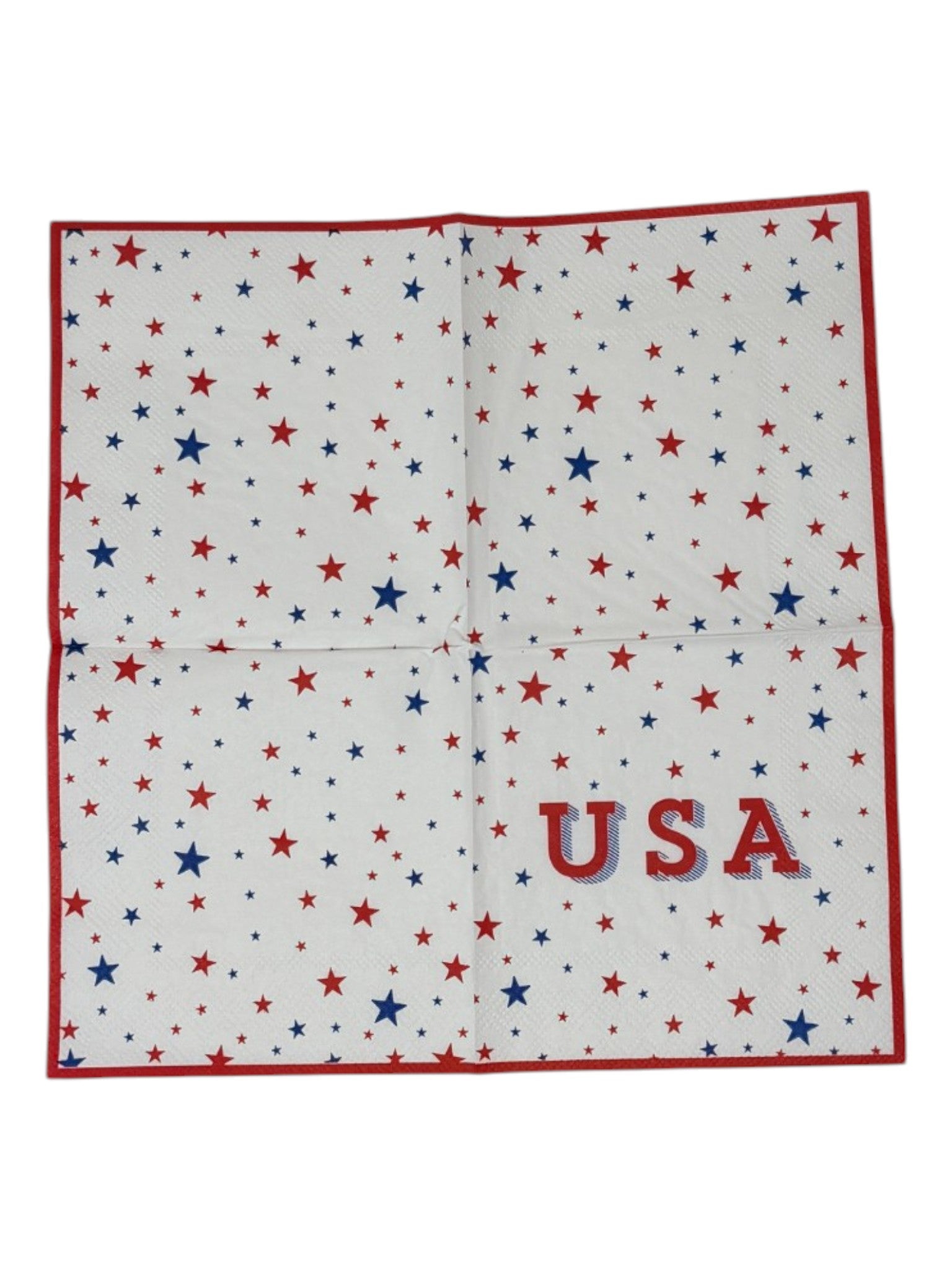 
Cocktail size decoupage paper napkin featuring scattered red and blue stars of varying sizes across a bright white background with bold USA typography in red and blue shadow and a crisp red border set of 2