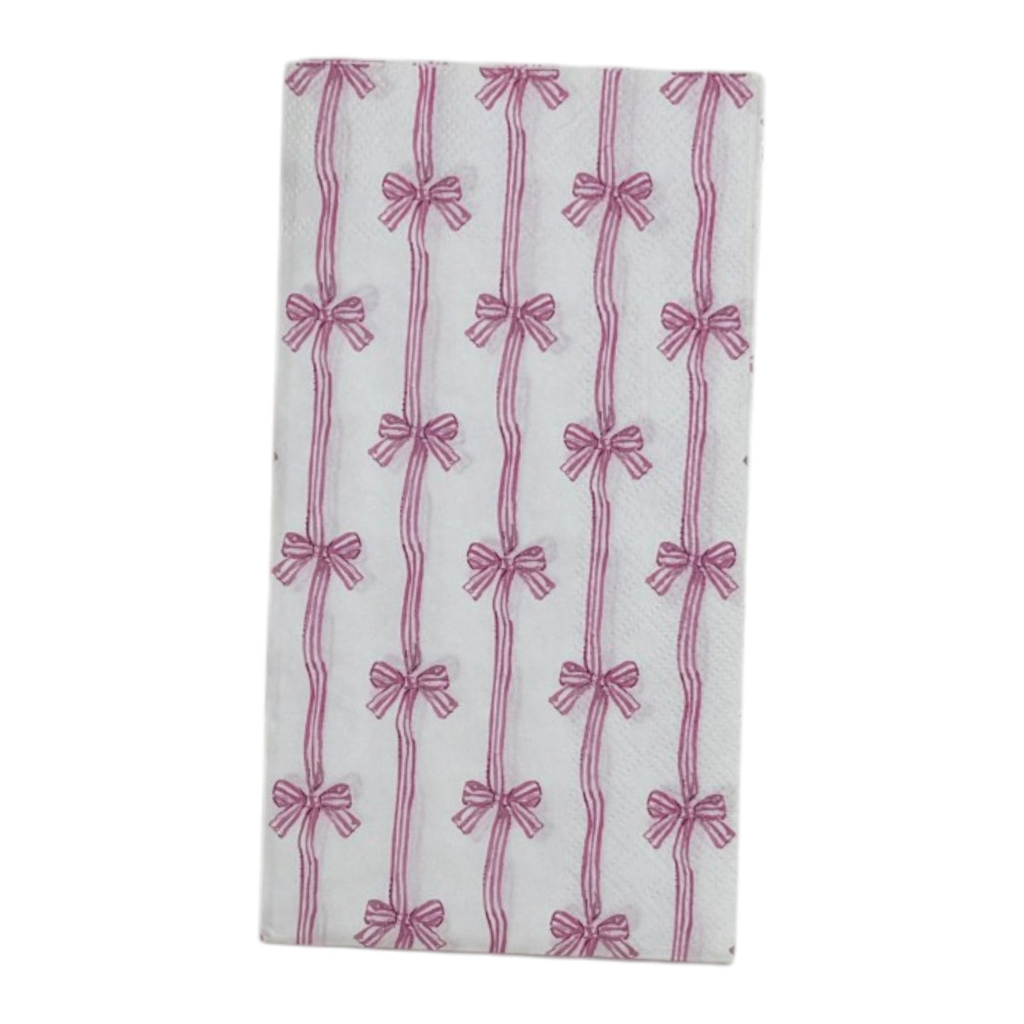 Two guest-size decoupage paper napkins featuring an all-over print of vertical wavy stripes with small striped bows tied at intervals in dusty pink and mauve on a crisp white background, photographed on a white surface.