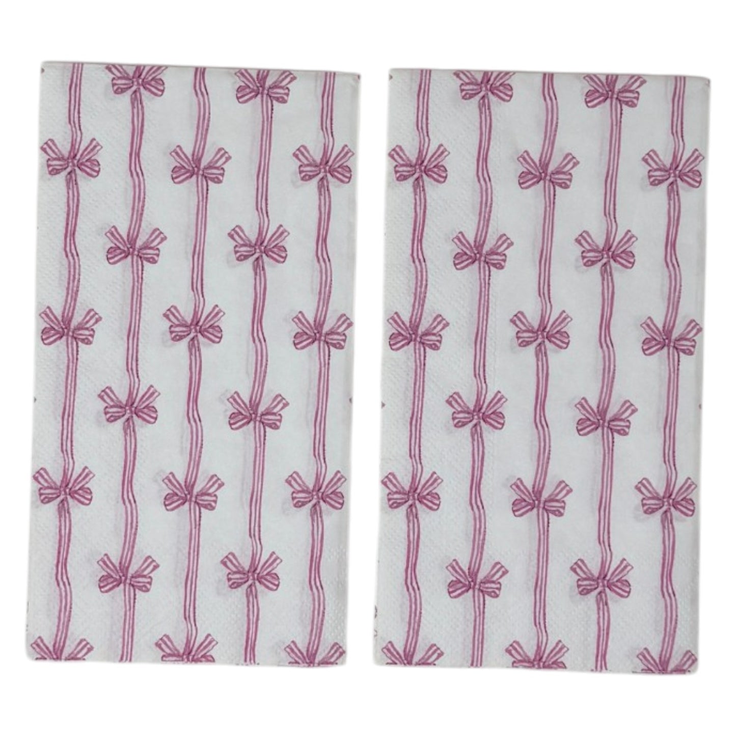 Two guest-size decoupage paper napkins featuring an all-over print of vertical wavy stripes with small striped bows tied at intervals in dusty pink and mauve on a crisp white background, photographed on a white surface.
