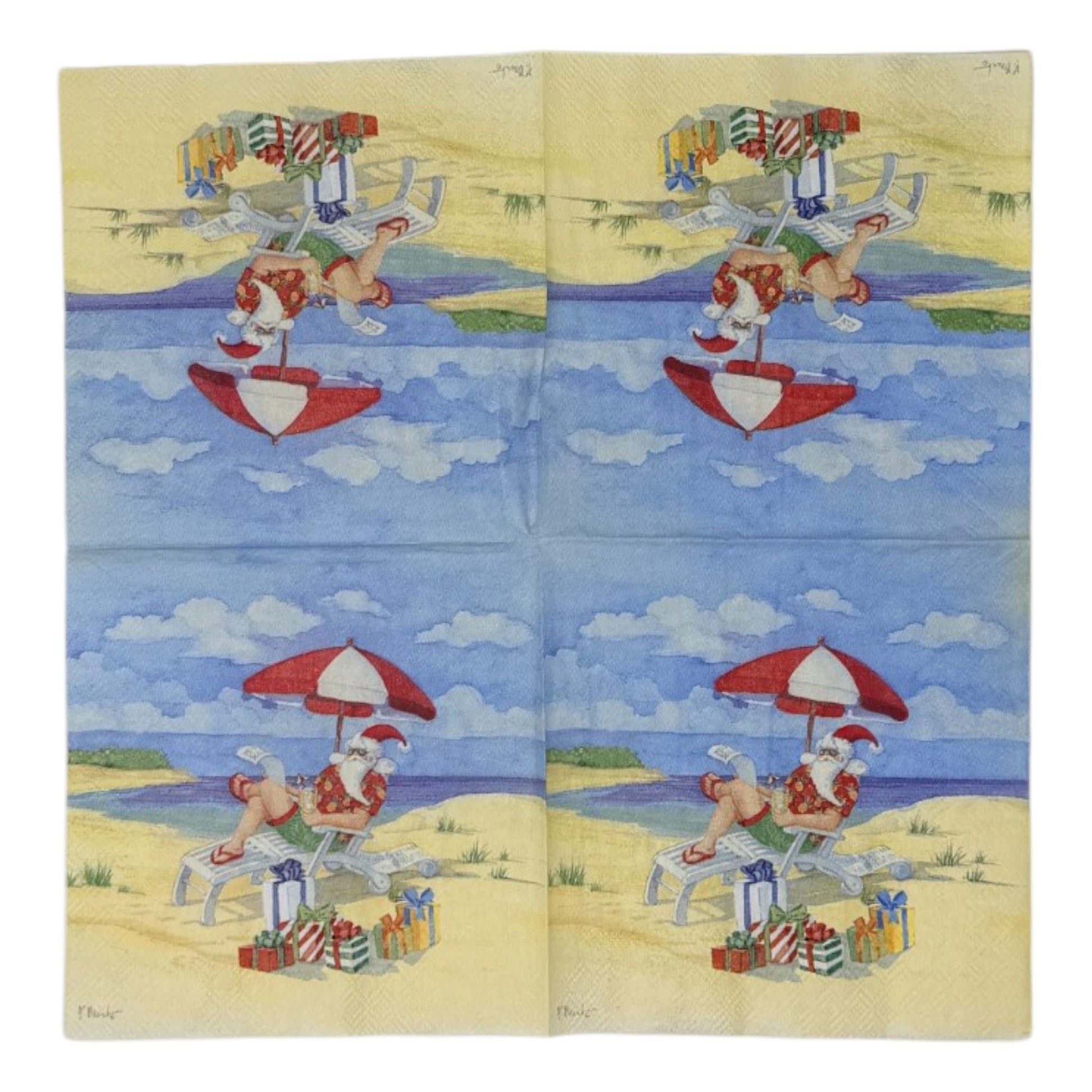 Cocktail-size decoupage paper napkin featuring an illustrated scene of Santa Claus relaxing in a beach lounge chair under a red and white striped umbrella wearing a Hawaiian shirt and flip flops with colorful wrapped gifts in the sand and a bright blue ocean in the background.