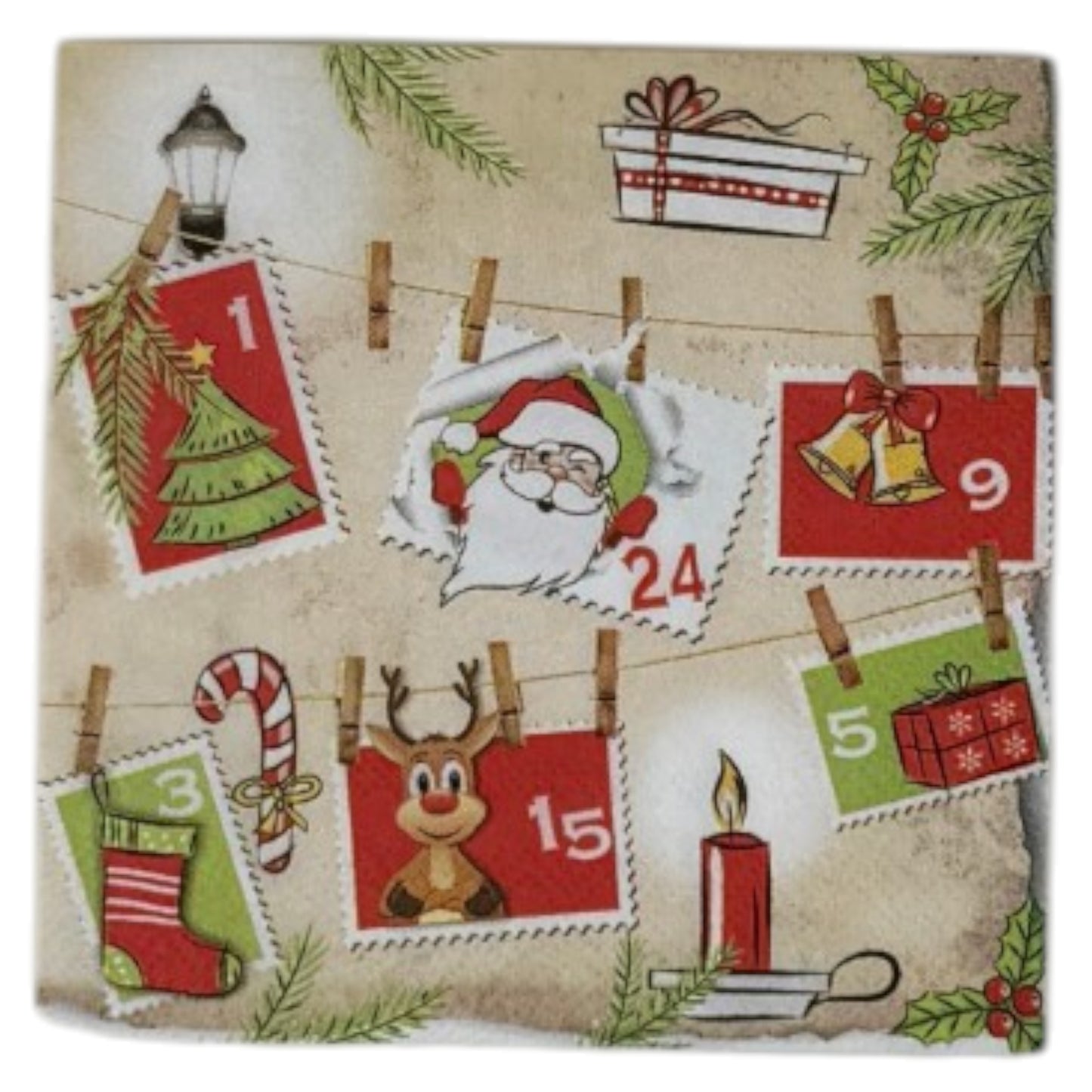 
Cocktail-size decoupage paper napkin featuring numbered advent postage stamps clipped to twine with wooden clothespins showing holiday motifs including Santa, reindeer, Christmas tree, candy cane, stocking, and bells on a warm aged kraft paper background with pine sprigs and holly.

