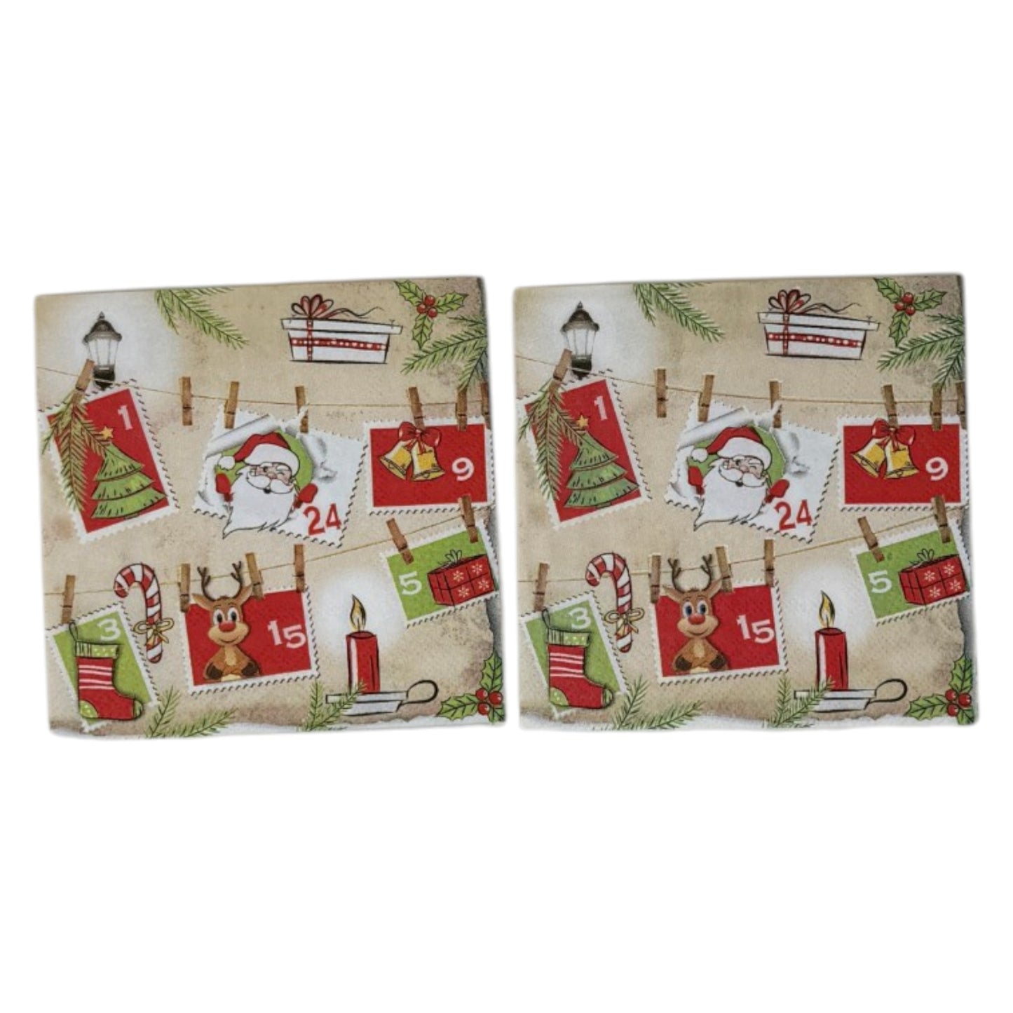 
Cocktail-size decoupage paper napkin featuring numbered advent postage stamps clipped to twine with wooden clothespins showing holiday motifs including Santa, reindeer, Christmas tree, candy cane, stocking, and bells on a warm aged kraft paper background with pine sprigs and holly.
