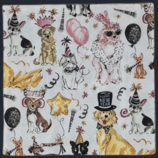 Cocktail-size decoupage paper napkin featuring an all-over watercolor illustration of dressed-up dogs in party hats, crowns, and top hats celebrating New Year's with pink and black balloons, gold star balloons, streamers, and Happy New Year banners on a white background.