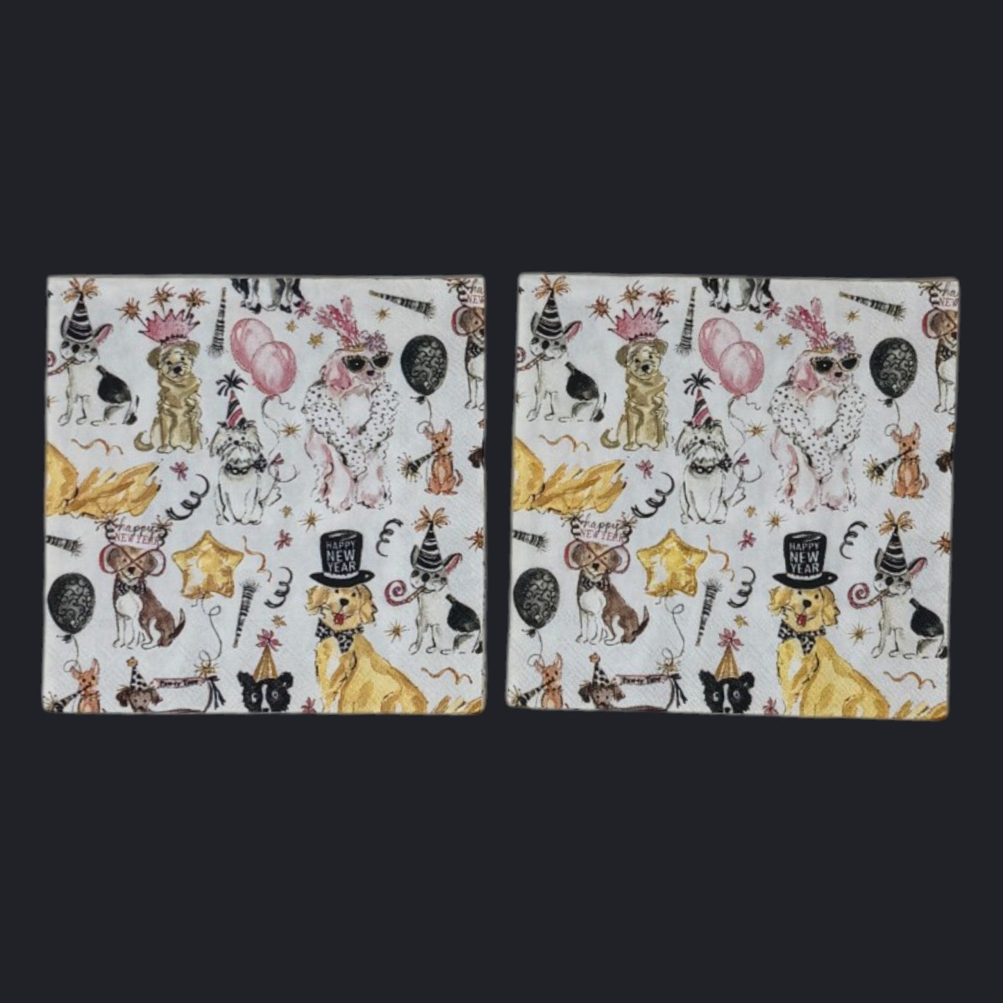 Cocktail-size decoupage paper napkin featuring an all-over watercolor illustration of dressed-up dogs in party hats, crowns, and top hats celebrating New Year's with pink and black balloons, gold star balloons, streamers, and Happy New Year banners on a white background.