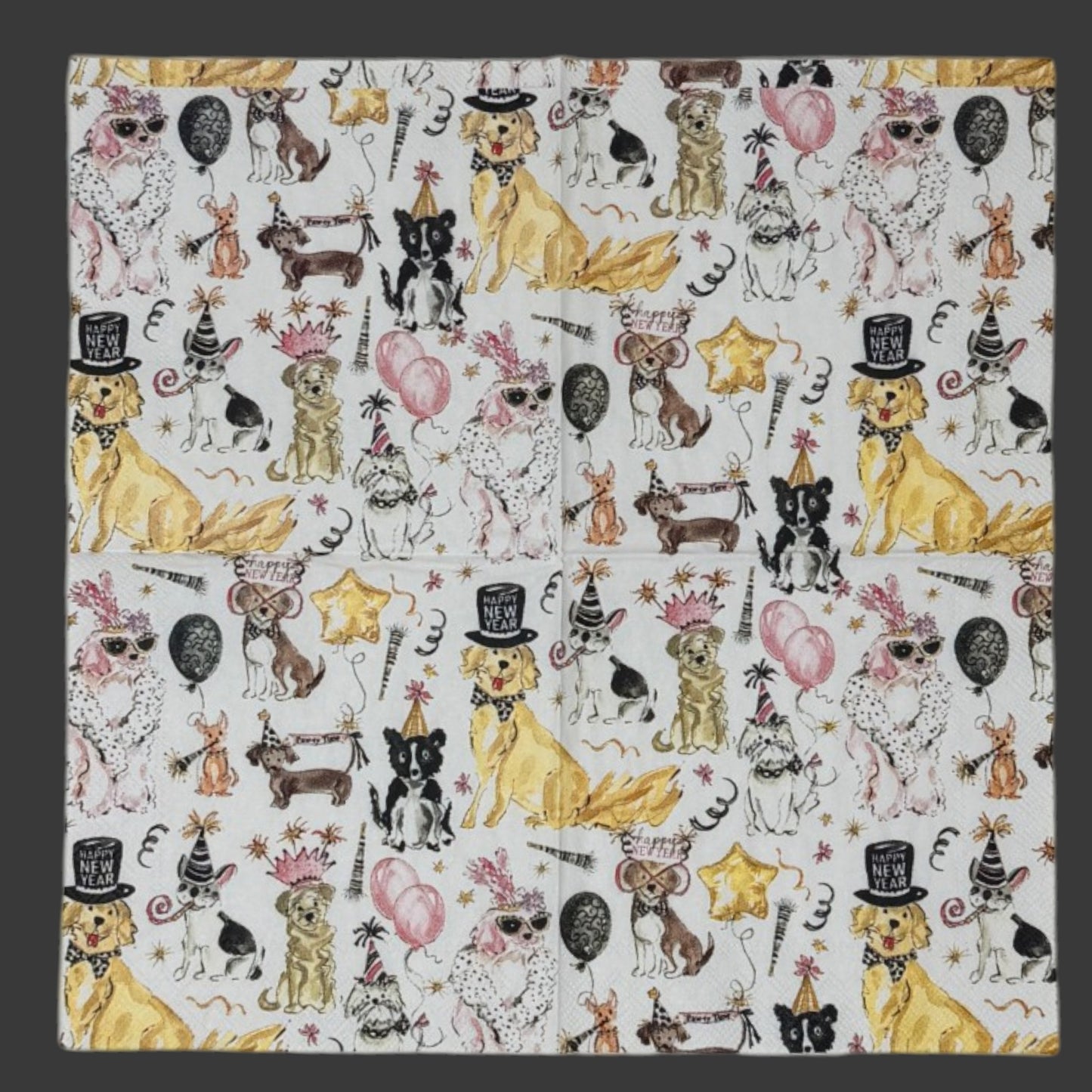 Cocktail-size decoupage paper napkin featuring an all-over watercolor illustration of dressed-up dogs in party hats, crowns, and top hats celebrating New Year's with pink and black balloons, gold star balloons, streamers, and Happy New Year banners on a white background.