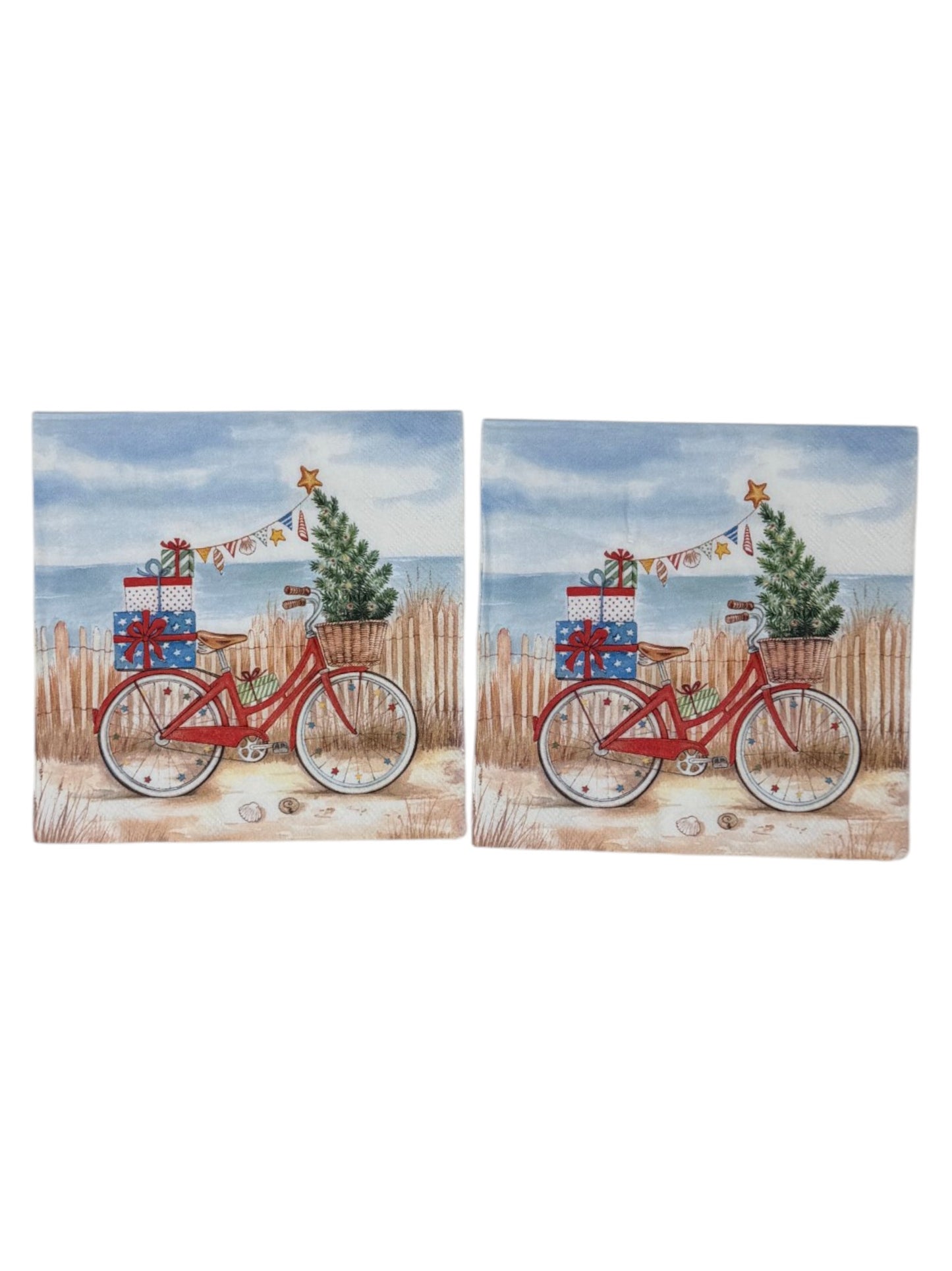 Beach Bike Christmas Luncheon Decoupage Paper Napkins – Coastal Holiday Watercolor | Set of 2