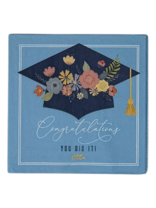 Floral Graduation Cap Cocktail Decoupage Napkins – Congratulations You Did It Teal | Set of 2