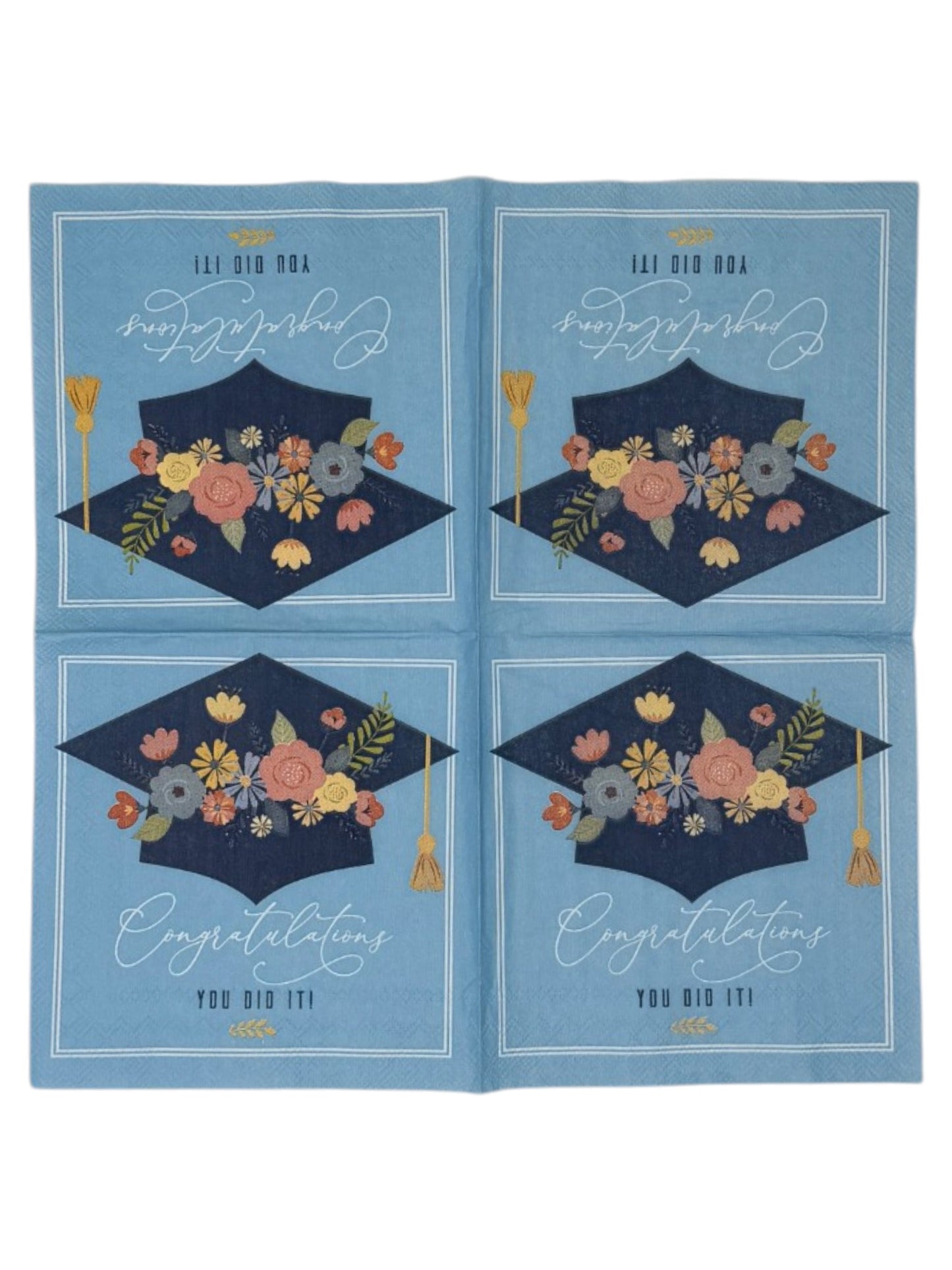 Floral Graduation Cap Cocktail Decoupage Napkins – Congratulations You Did It Teal | Set of 2