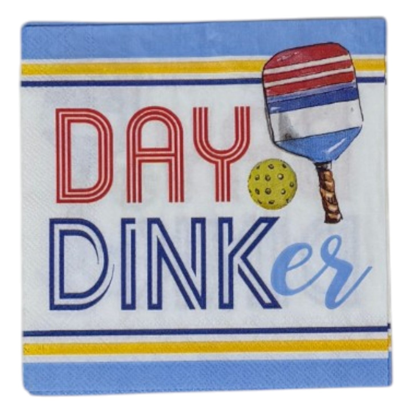 Two cocktail-size decoupage paper napkins featuring a bold graphic design with the phrase DAY DINKer in red and navy lettering alongside a red white and blue pickleball paddle and yellow ball, framed by periwinkle blue and yellow stripe borders on a white background, photographed on a white wall