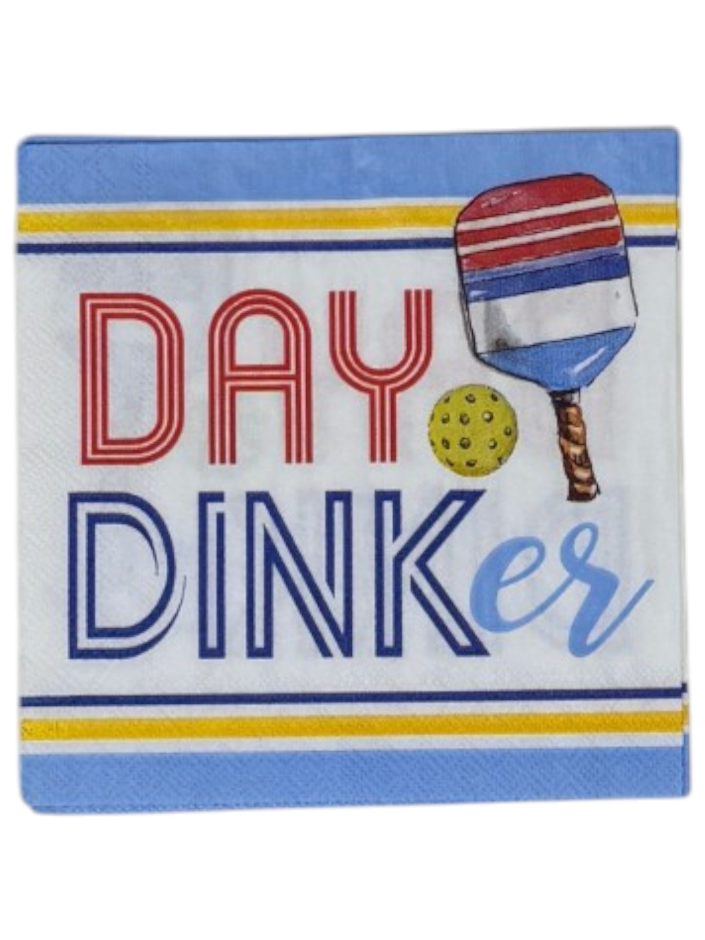 Paper napkin with 'Day Dinker' text, paddle, and ball design on a blue background