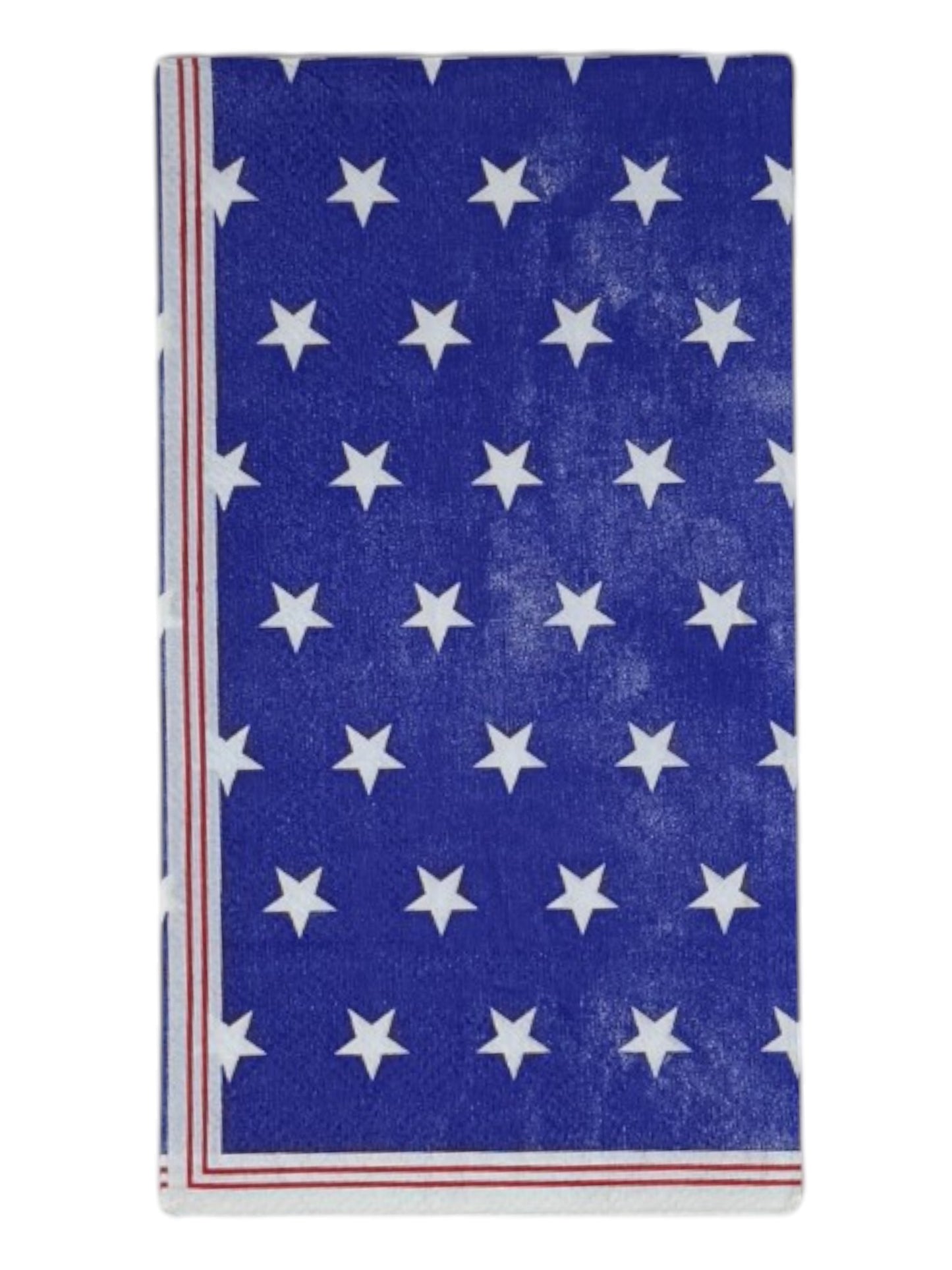 Guest-size decoupage paper napkin featuring rows of crisp white stars on a deep royal blue distressed background with red and white stripe border accents along the edges, photographed on a white background.
