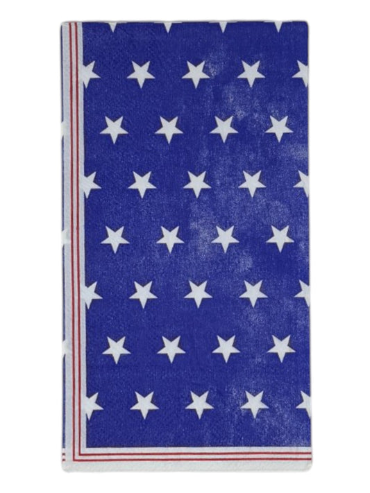 Guest-size decoupage paper napkin featuring rows of crisp white stars on a deep royal blue distressed background with red and white stripe border accents along the edges, photographed on a white background.
