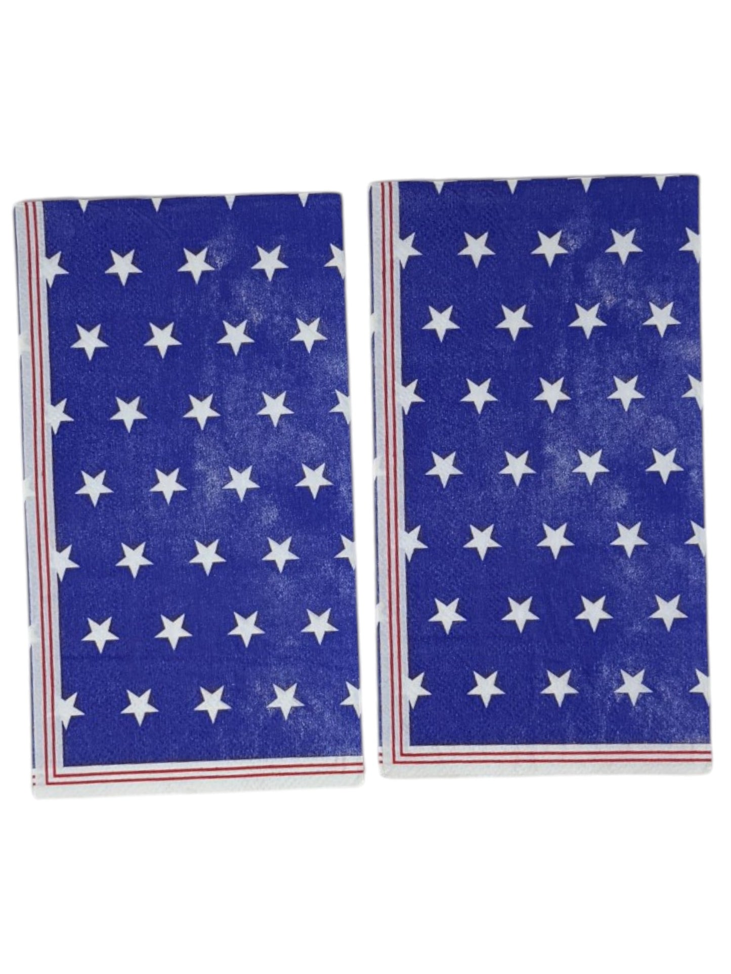 Guest-size decoupage paper napkin featuring rows of crisp white stars on a deep royal blue distressed background with red and white stripe border accents along the edges, photographed on a white background.