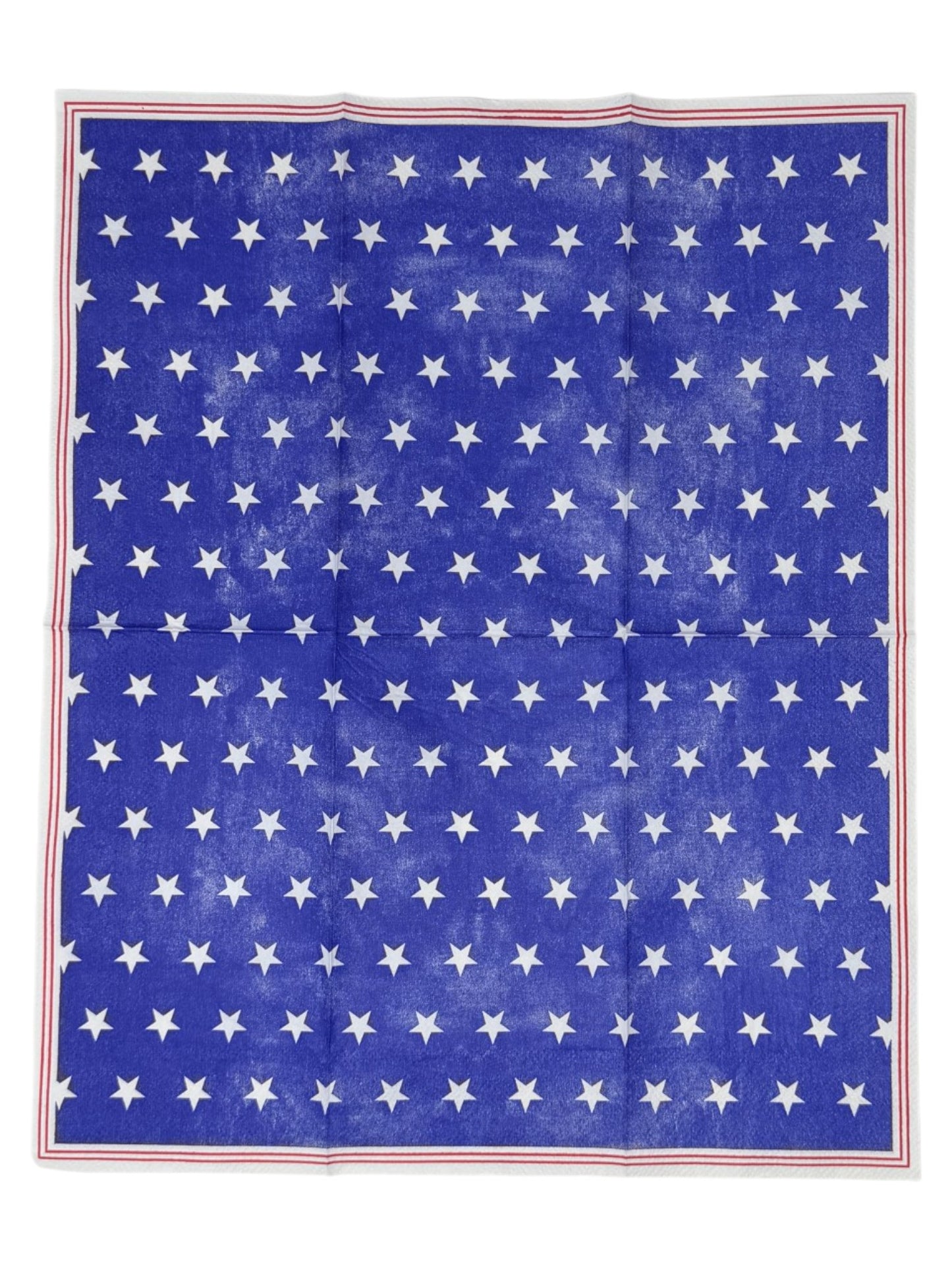 Guest-size decoupage paper napkin featuring rows of crisp white stars on a deep royal blue distressed background with red and white stripe border accents along the edges, photographed on a white background.