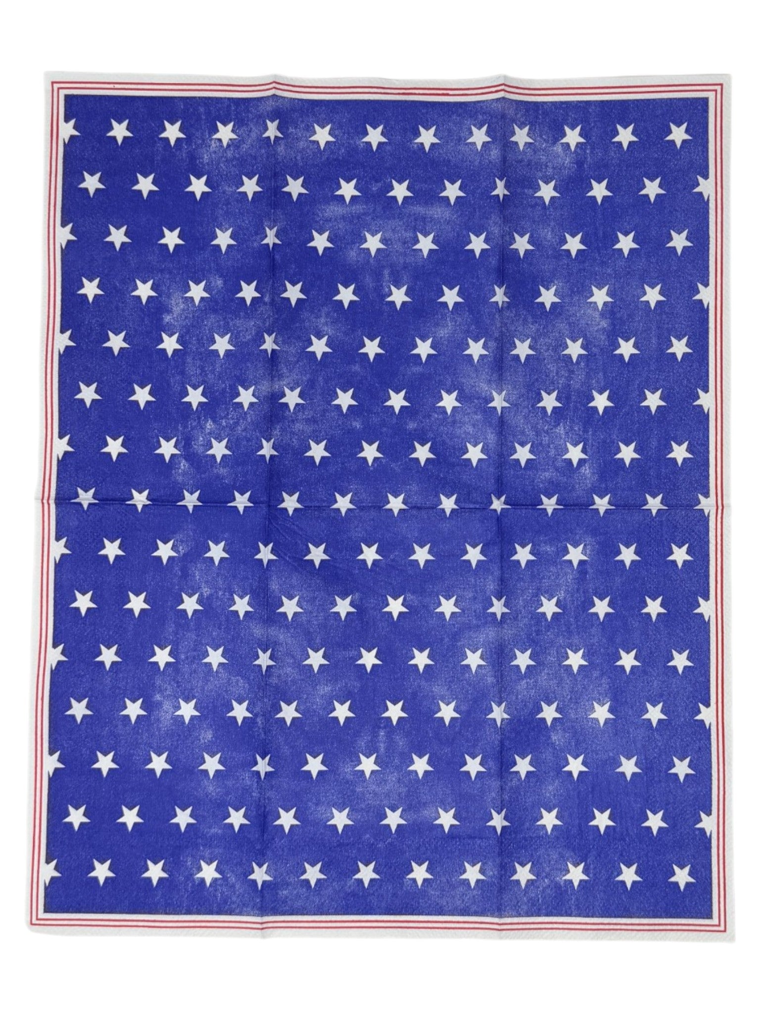 Guest-size decoupage paper napkin featuring rows of crisp white stars on a deep royal blue distressed background with red and white stripe border accents along the edges, photographed on a white background.