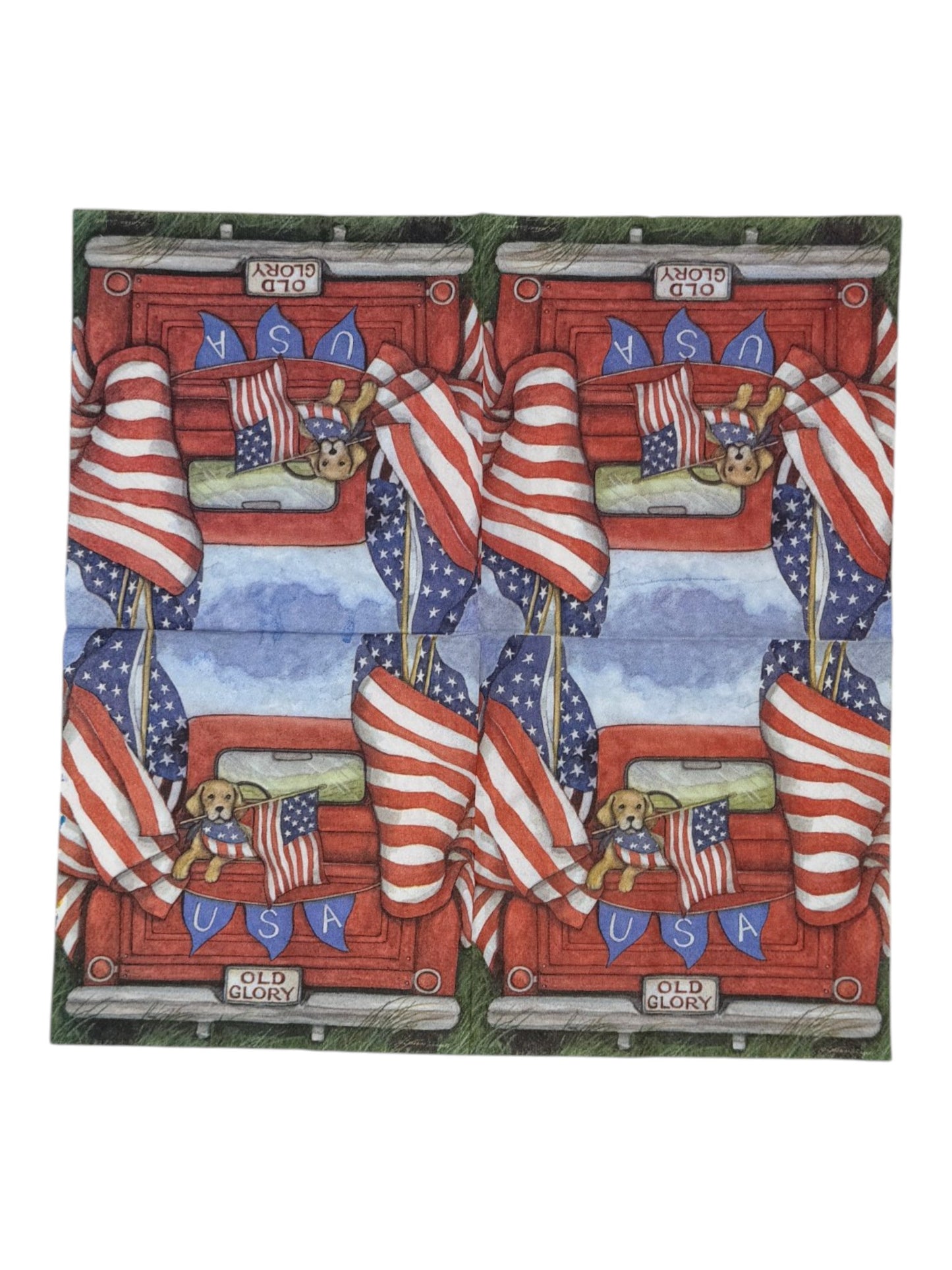 Luncheon size decoupage paper napkin featuring a golden retriever in a flag bandana peeking over the tailgate of a classic red pickup truck flying large American flags with a USA bunting banner and Old Glory license plate set of 2