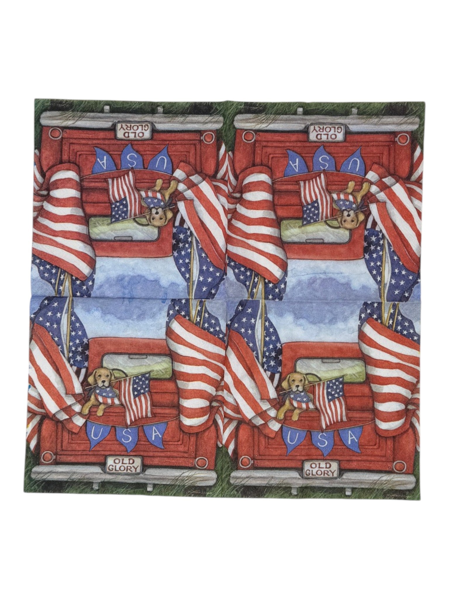 Luncheon size decoupage paper napkin featuring a golden retriever in a flag bandana peeking over the tailgate of a classic red pickup truck flying large American flags with a USA bunting banner and Old Glory license plate set of 2