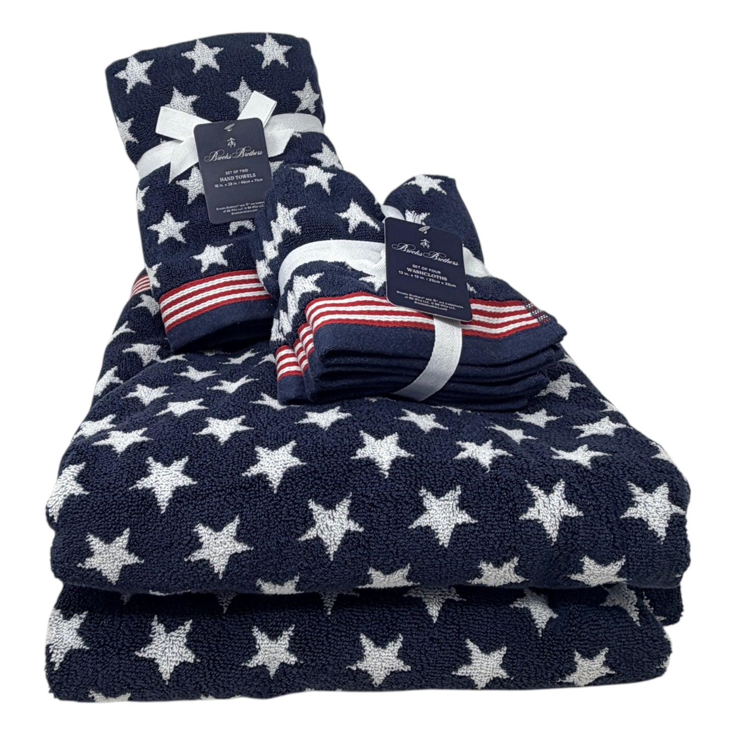 Complete Brooks Brothers Patriotic Stars and Stripes 8-piece bathroom bundle including two bath towels, two hand towels, and four washcloths in navy blue with red and white stripe border, all new with tags