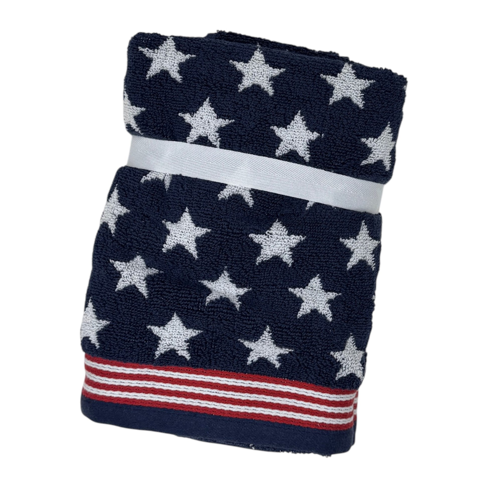 Set of two Brooks Brothers navy blue hand towels with all-over white star jacquard pattern and red and white stripe border, 18x28 inches, new with tags
