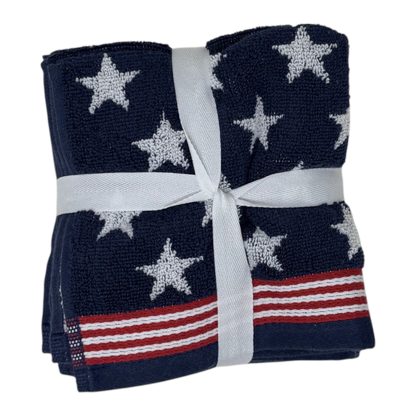 Set of four Brooks Brothers navy blue washcloths with all-over white star jacquard pattern and red and white stripe border, 13x13 inches, new with tags
