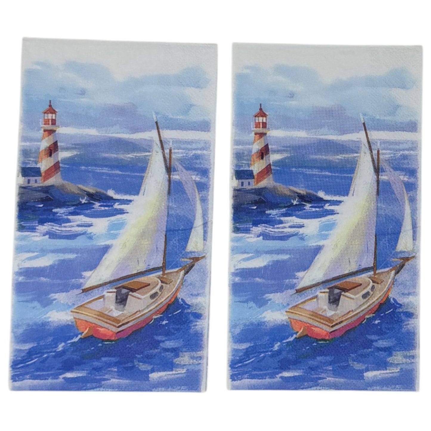 Guest-size decoupage paper napkin featuring a watercolor illustration of a classic wooden sailboat with white sails on deep blue choppy waves with a red and white striped lighthouse on rocky shores in the misty background, photographed on a white surface.