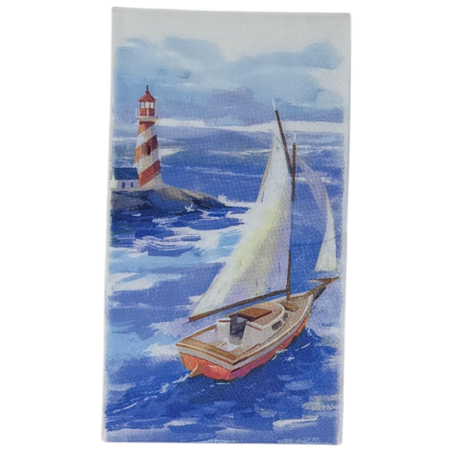 Guest-size decoupage paper napkin featuring a watercolor illustration of a classic wooden sailboat with white sails on deep blue choppy waves with a red and white striped lighthouse on rocky shores in the misty background, photographed on a white surface.