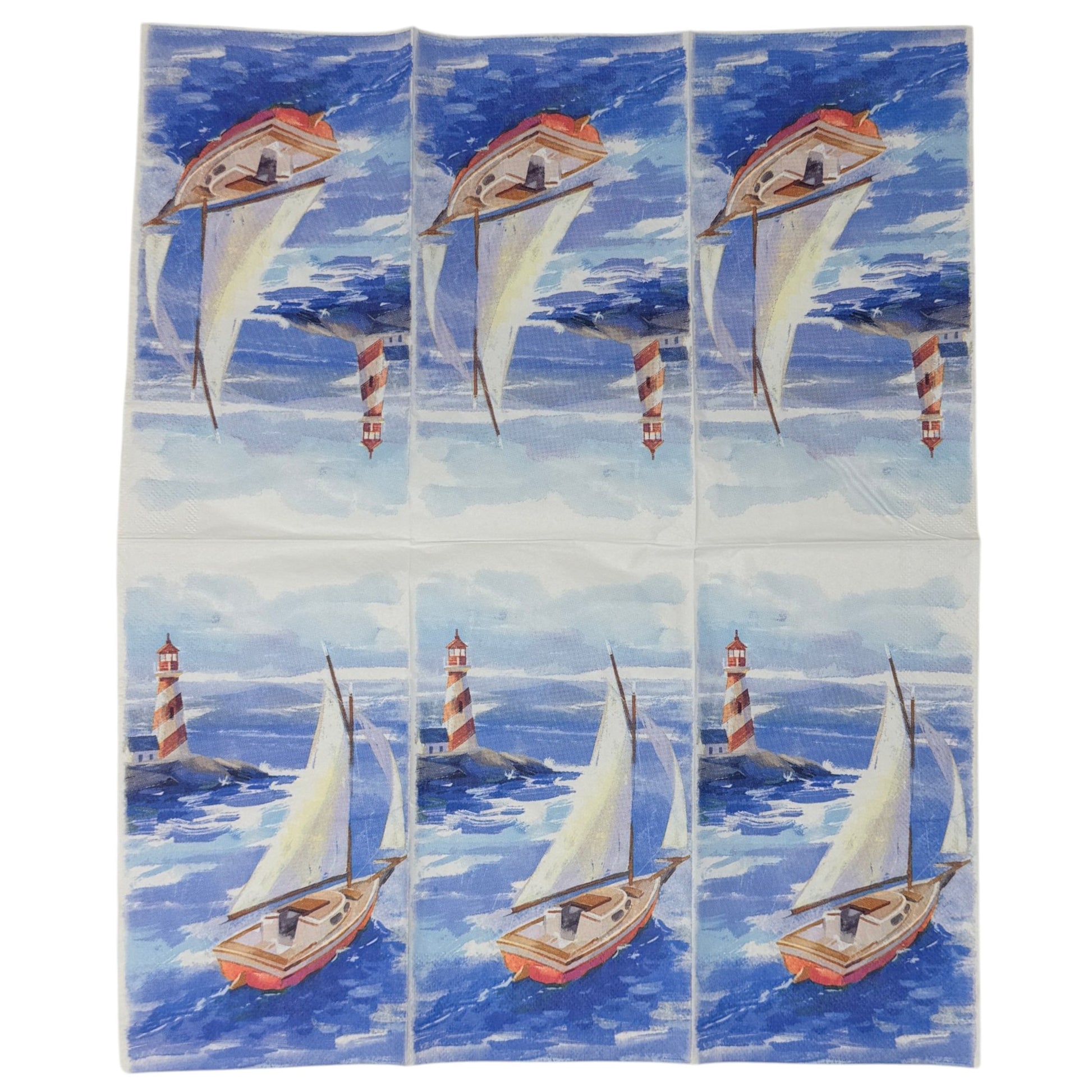 Guest-size decoupage paper napkin featuring a watercolor illustration of a classic wooden sailboat with white sails on deep blue choppy waves with a red and white striped lighthouse on rocky shores in the misty background, photographed on a white surface.