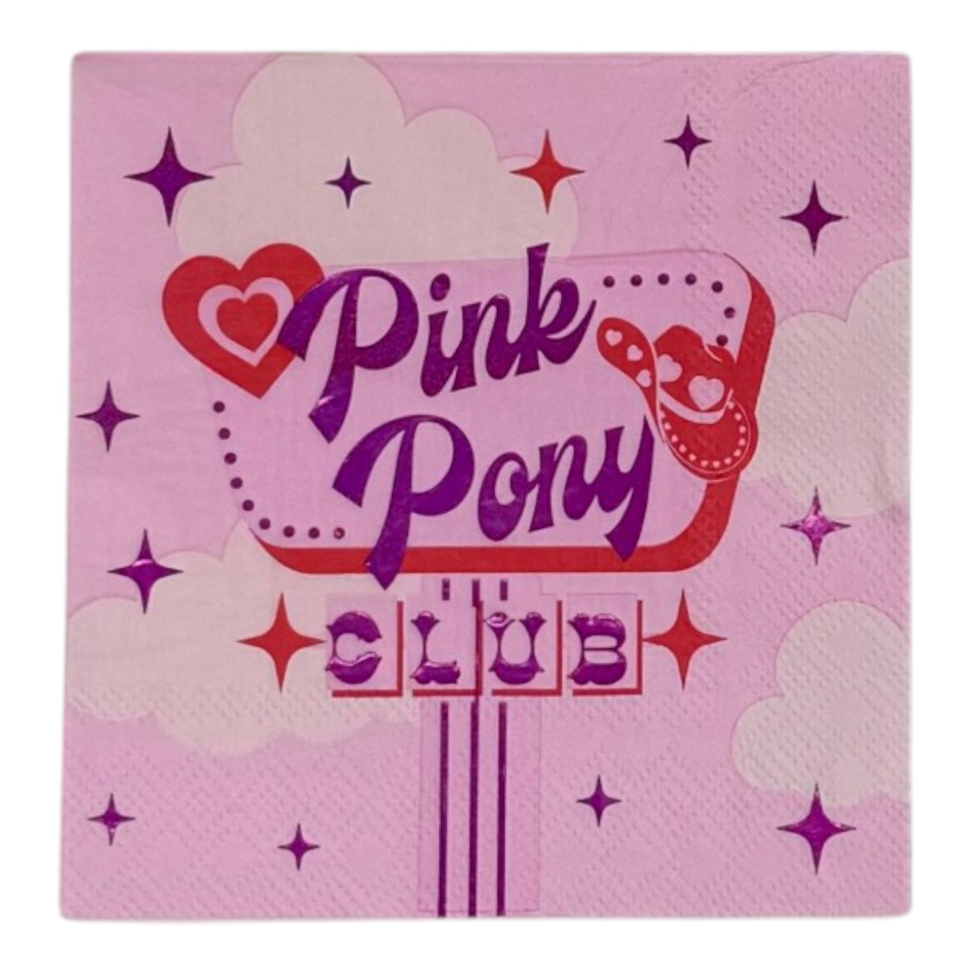 Cocktail-size decoupage paper napkin featuring a retro diner sign graphic with Pink Pony Club in shimmering foil purple lettering on a red marquee frame with a red heart, cowboy boot accent, sparkling four-point stars, and fluffy white clouds on a soft bubblegum pink background.
