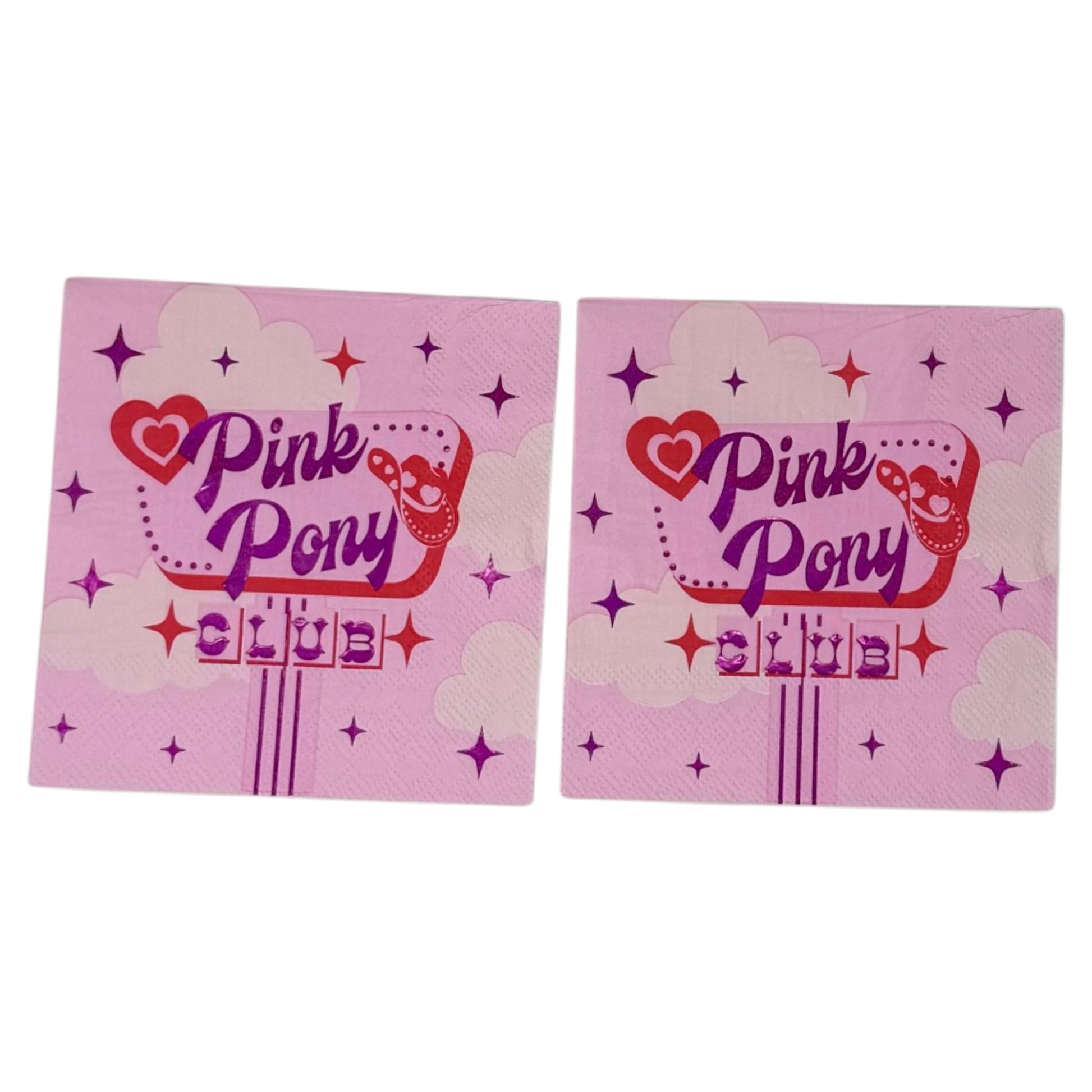 Cocktail-size decoupage paper napkin featuring a retro diner sign graphic with Pink Pony Club in shimmering foil purple lettering on a red marquee frame with a red heart, cowboy boot accent, sparkling four-point stars, and fluffy white clouds on a soft bubblegum pink background.