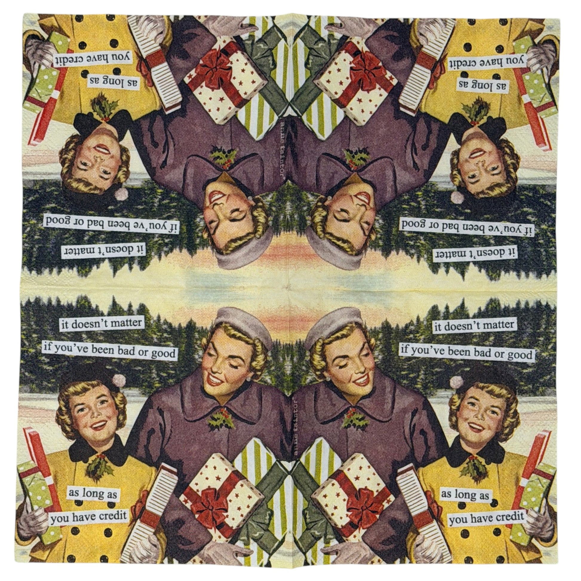 Cocktail-size decoupage paper napkin featuring a classic 1950s style illustration of two cheerful women in yellow and purple winter coats carrying colorful wrapped Christmas gifts outdoors against a snowy pine tree backdrop with a humorous cut-and-paste style caption about holiday shopping and credit, photographed on a white surface.