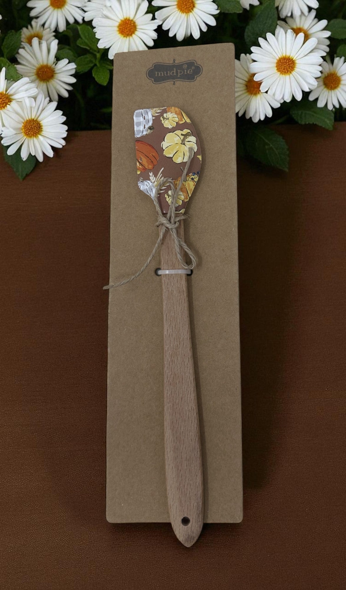 Mud Pie Mini Spatula – Fall Pumpkin Print – Brown Silicone & Wood 2.5" x 12.5"