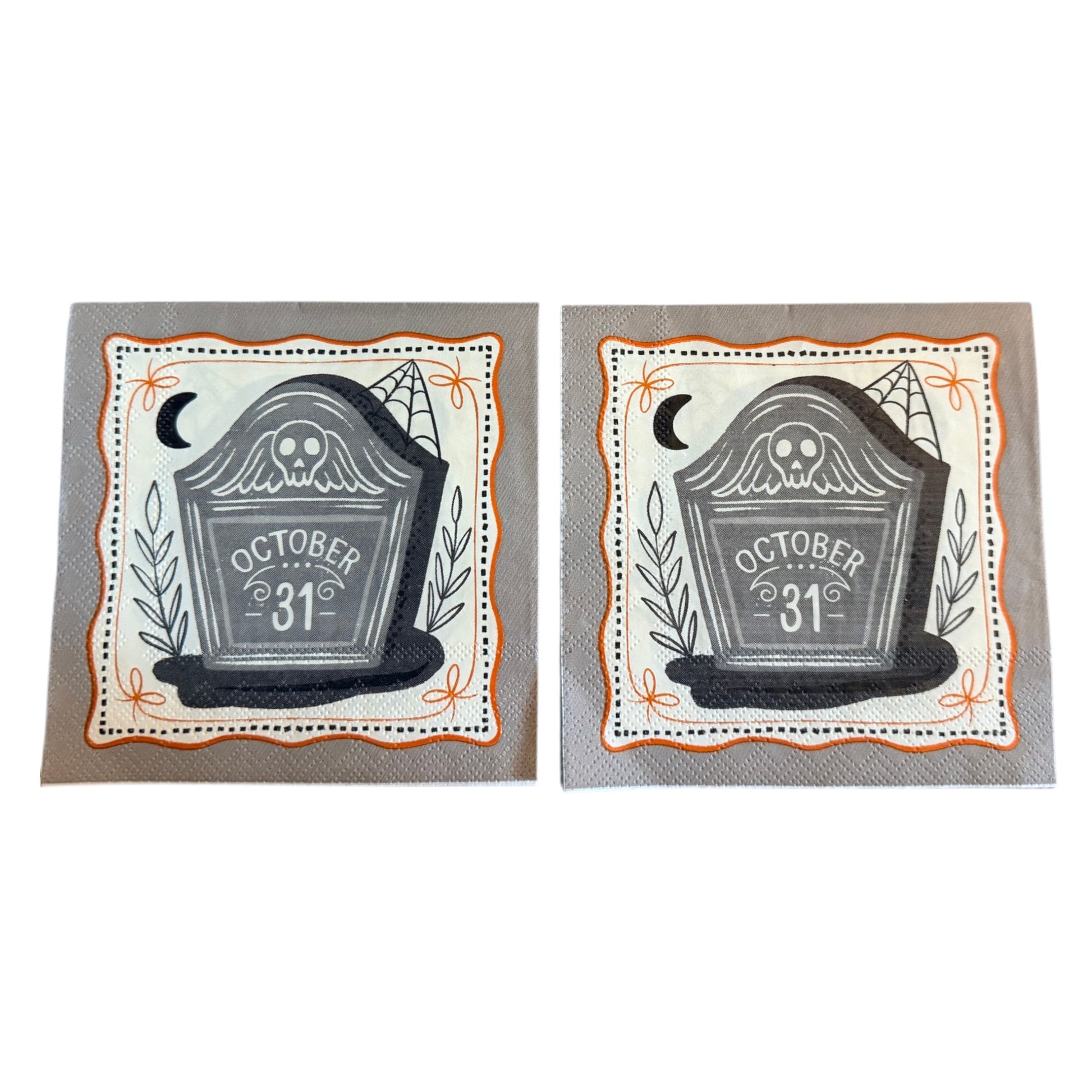 Cocktail-size decoupage paper napkin featuring a weathered grey tombstone engraved with October 31 lettering and a ghostly owl illustration with a crescent moon botanical leaf sprigs and a spider web framed by a wavy orange border with bow accents on a soft grey background, 