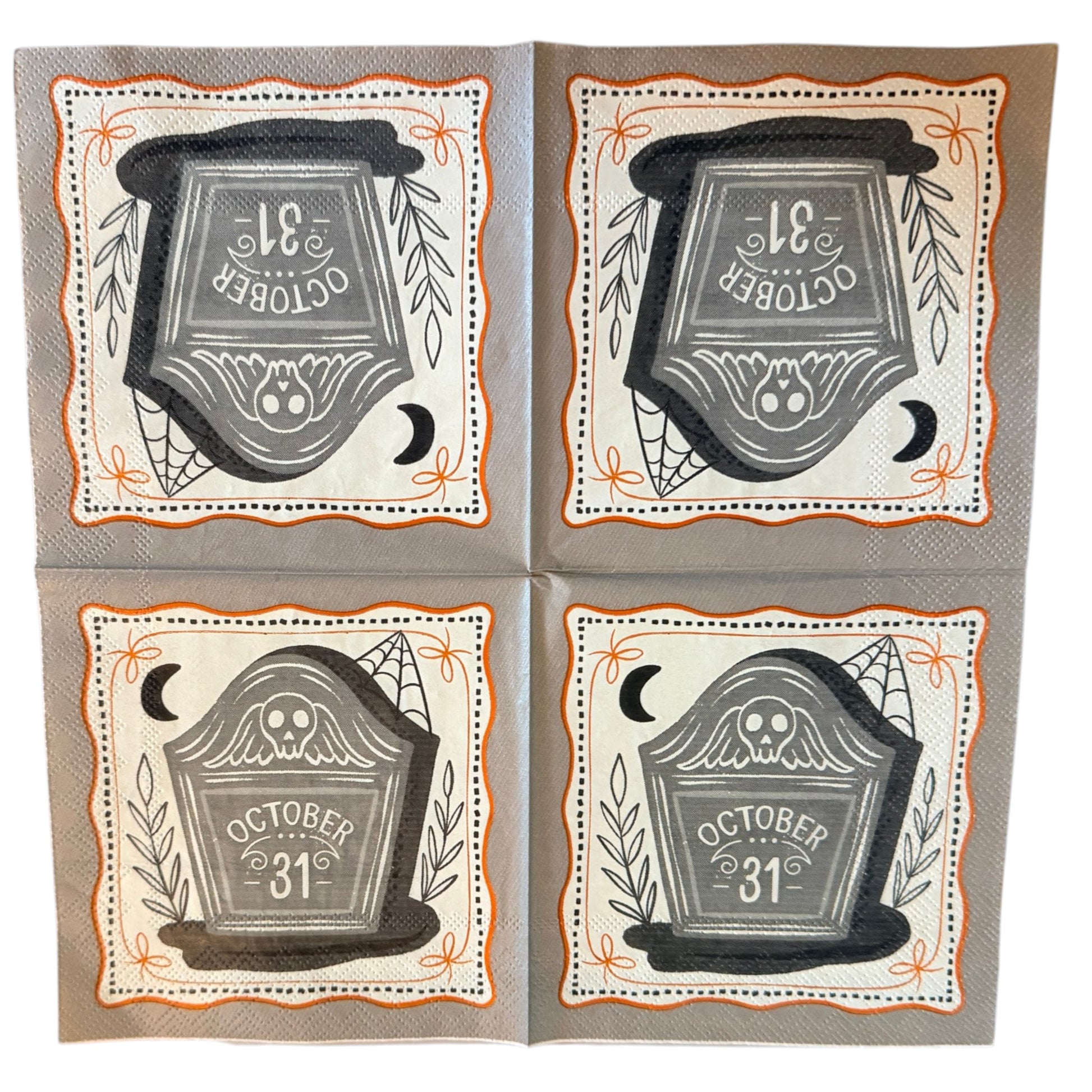 Cocktail-size decoupage paper napkin featuring a weathered grey tombstone engraved with October 31 lettering and a ghostly owl illustration with a crescent moon botanical leaf sprigs and a spider web framed by a wavy orange border with bow accents on a soft grey background, 