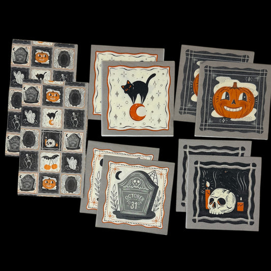 A collection of five retro Halloween decoupage paper napkins showing a grinning jack-o-lantern on navy, a black cat with crescent moon, a screaming ghost face on black, an October 31 tombstone with owl, and a Halloween icon stamp grid patchwork in black orange and white on grey, .