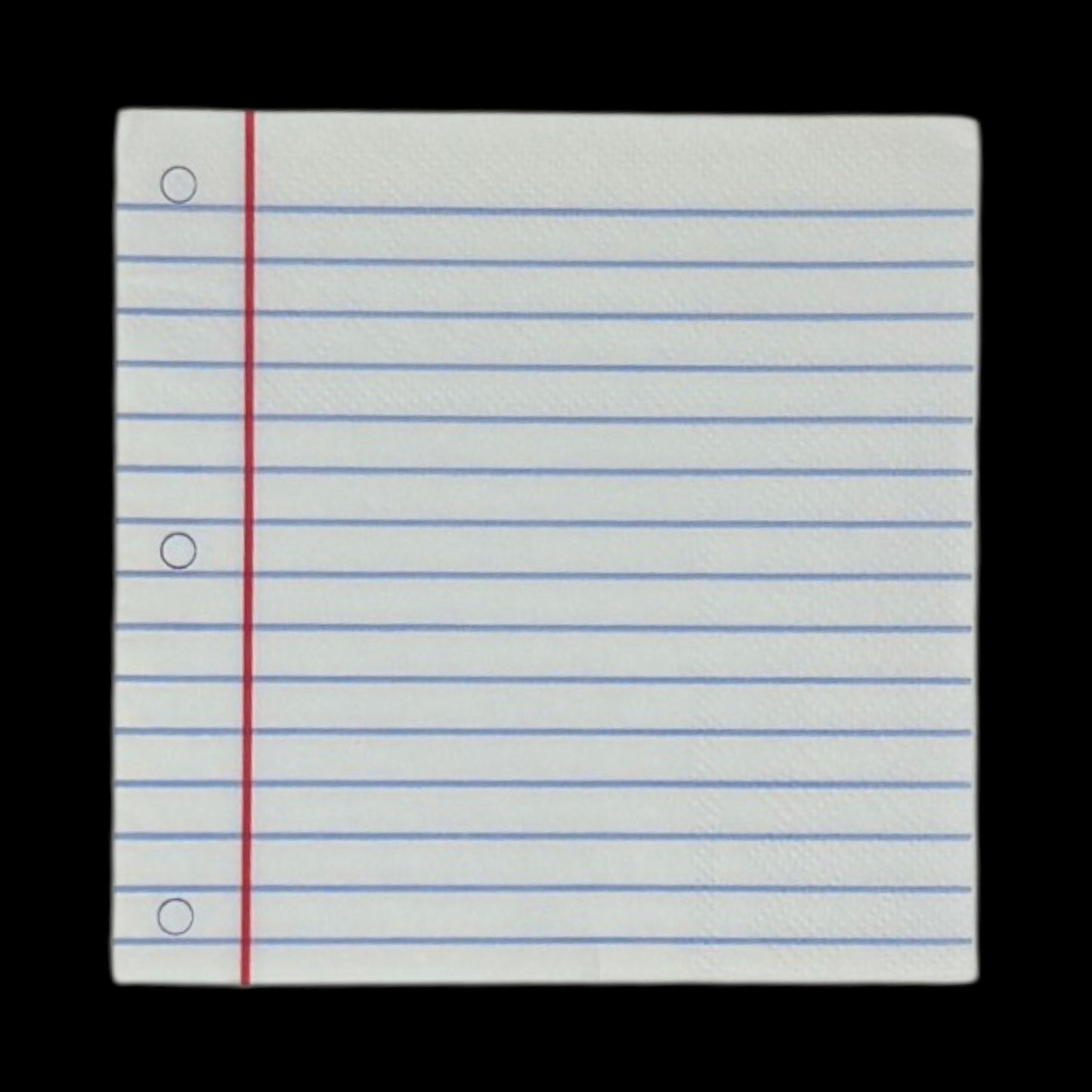 Two cocktail-size decoupage paper napkins featuring a trompe l'oeil print replicating classic wide-ruled notebook paper with blue horizontal lines a red margin line and three hole punch circles on a soft warm white background, photographed on a black surface.