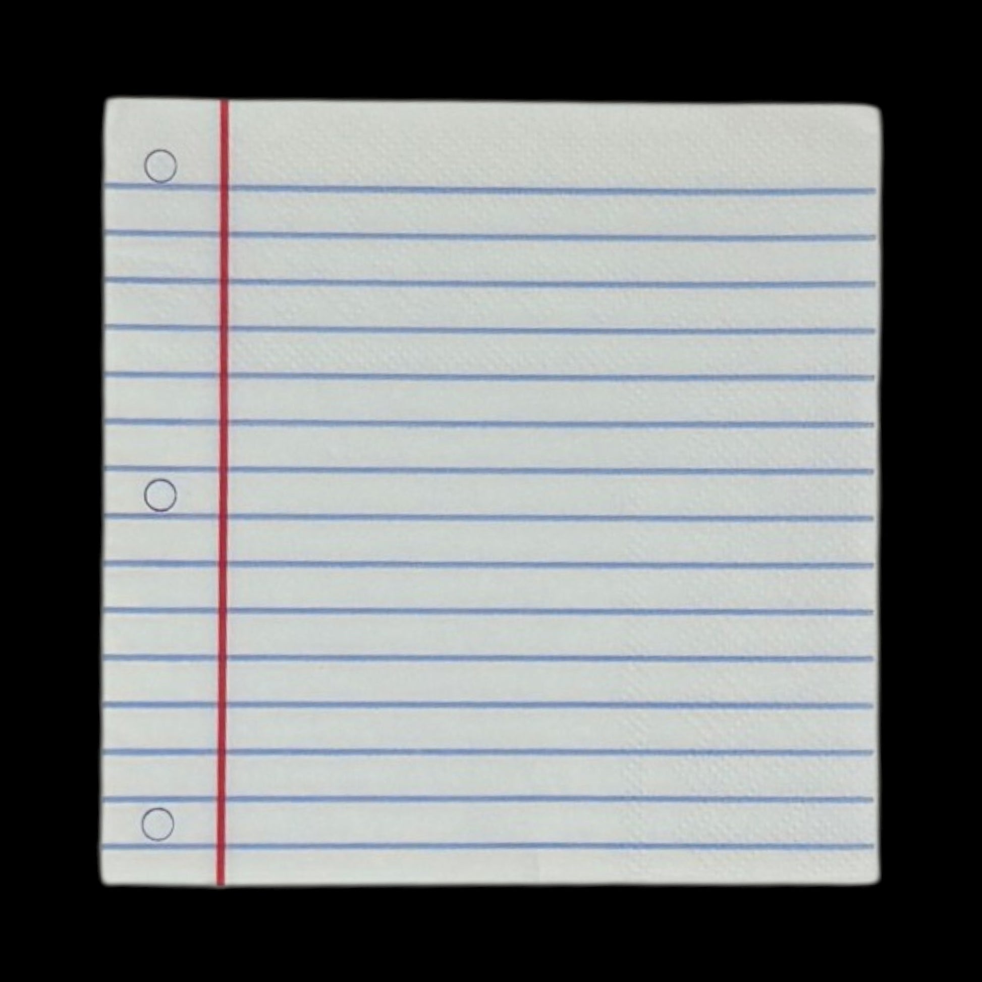 Two cocktail-size decoupage paper napkins featuring a trompe l'oeil print replicating classic wide-ruled notebook paper with blue horizontal lines a red margin line and three hole punch circles on a soft warm white background, photographed on a black surface.
