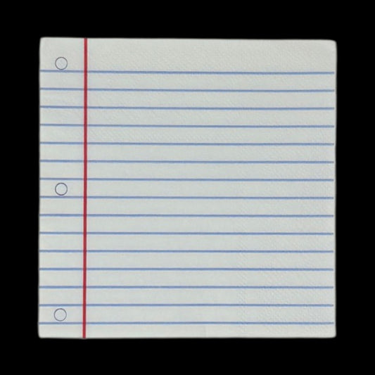 Two cocktail-size decoupage paper napkins featuring a trompe l'oeil print replicating classic wide-ruled notebook paper with blue horizontal lines a red margin line and three hole punch circles on a soft warm white background, photographed on a black surface.