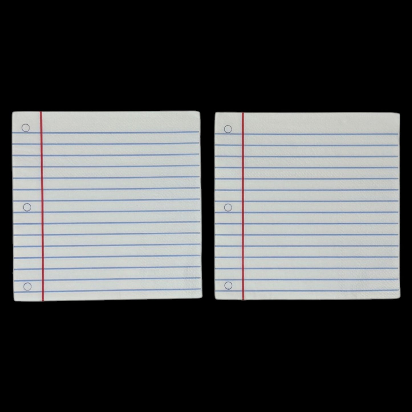 Two cocktail-size decoupage paper napkins featuring a trompe l'oeil print replicating classic wide-ruled notebook paper with blue horizontal lines a red margin line and three hole punch circles on a soft warm white background, photographed on a black surface.