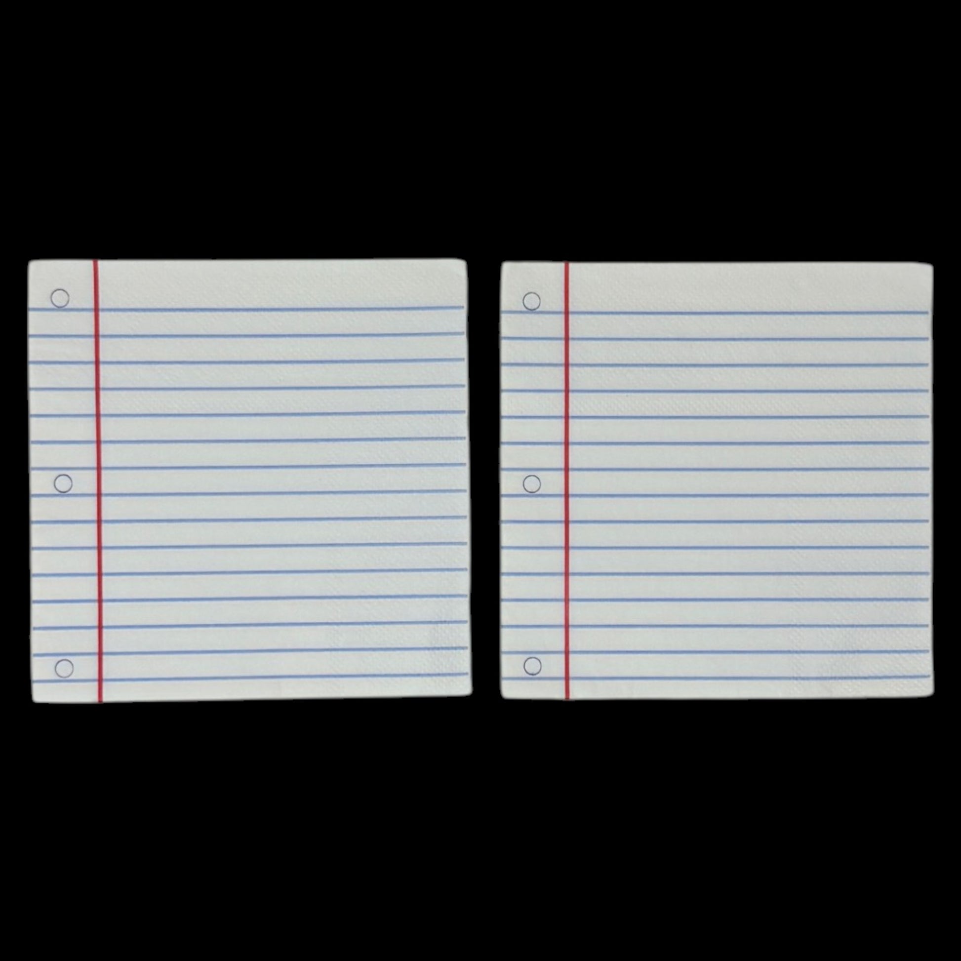 Two cocktail-size decoupage paper napkins featuring a trompe l'oeil print replicating classic wide-ruled notebook paper with blue horizontal lines a red margin line and three hole punch circles on a soft warm white background, photographed on a black surface.