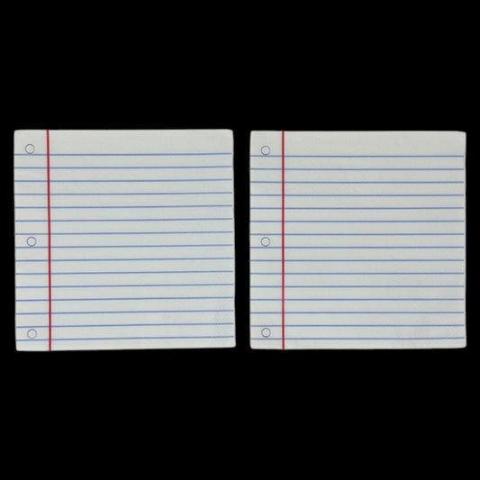 Two cocktail-size decoupage paper napkins featuring a trompe l'oeil print replicating classic wide-ruled notebook paper with blue horizontal lines a red margin line and three hole punch circles on a soft warm white background, photographed on a black surface.