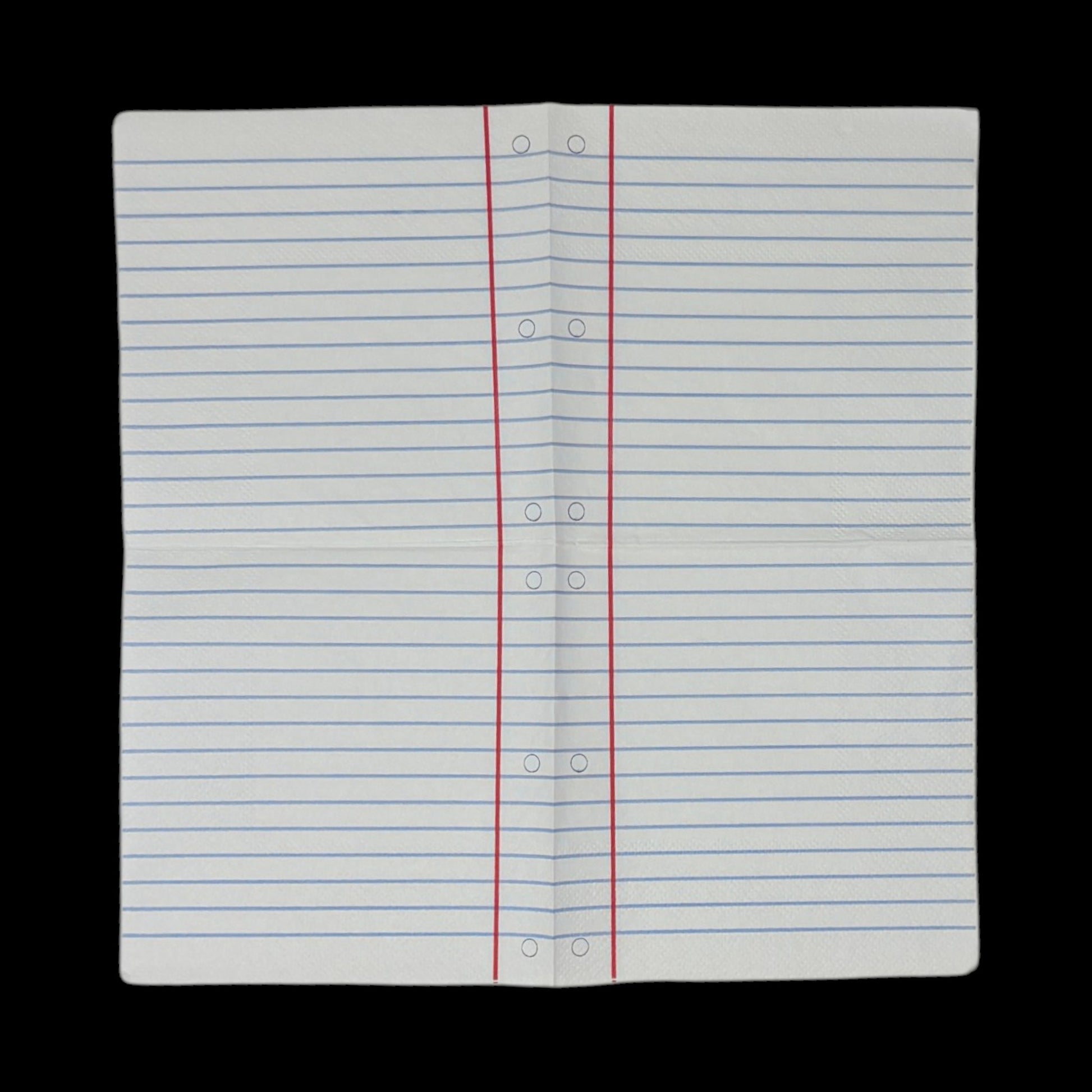 Two cocktail-size decoupage paper napkins featuring a trompe l'oeil print replicating classic wide-ruled notebook paper with blue horizontal lines a red margin line and three hole punch circles on a soft warm white background, photographed on a black surface.