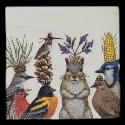 Woodland Critters & Birds Cocktail Decoupage Paper Napkins – Whimsical Nature Botanical Hat | Set of 2