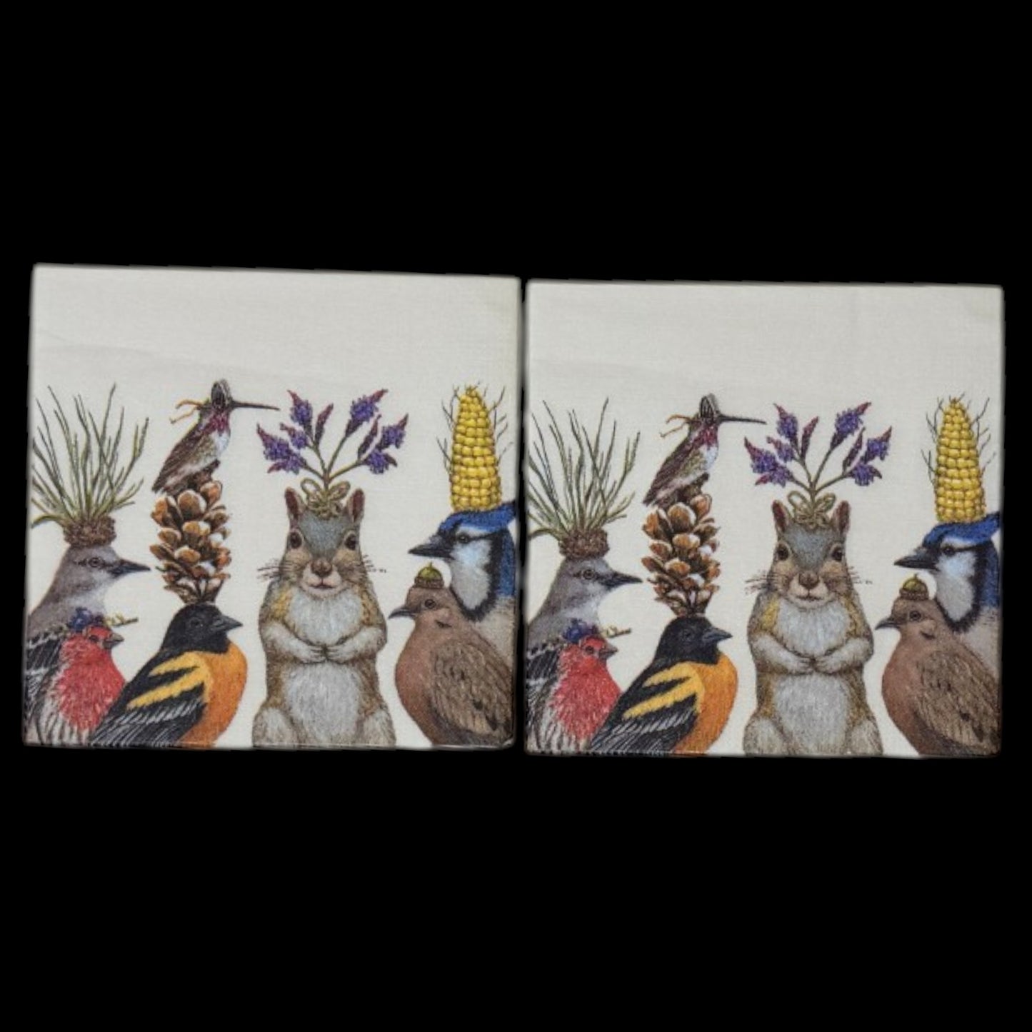 Woodland Critters & Birds Cocktail Decoupage Paper Napkins – Whimsical Nature Botanical Hat | Set of 2