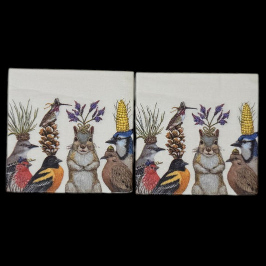 Woodland Critters & Birds Cocktail Decoupage Paper Napkins – Whimsical Nature Botanical Hat | Set of 2