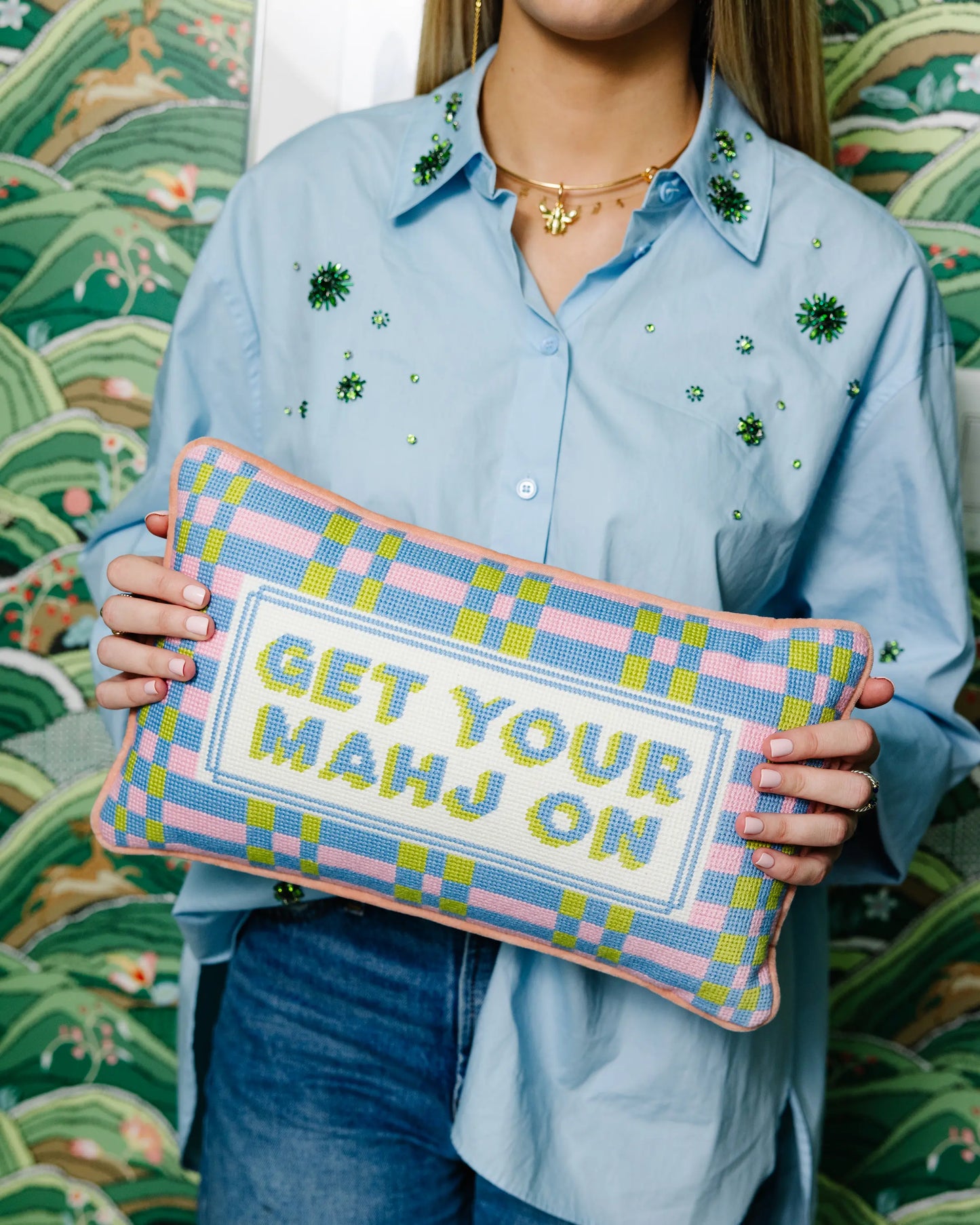 Get Your Mahj On Needlepoint Pillow